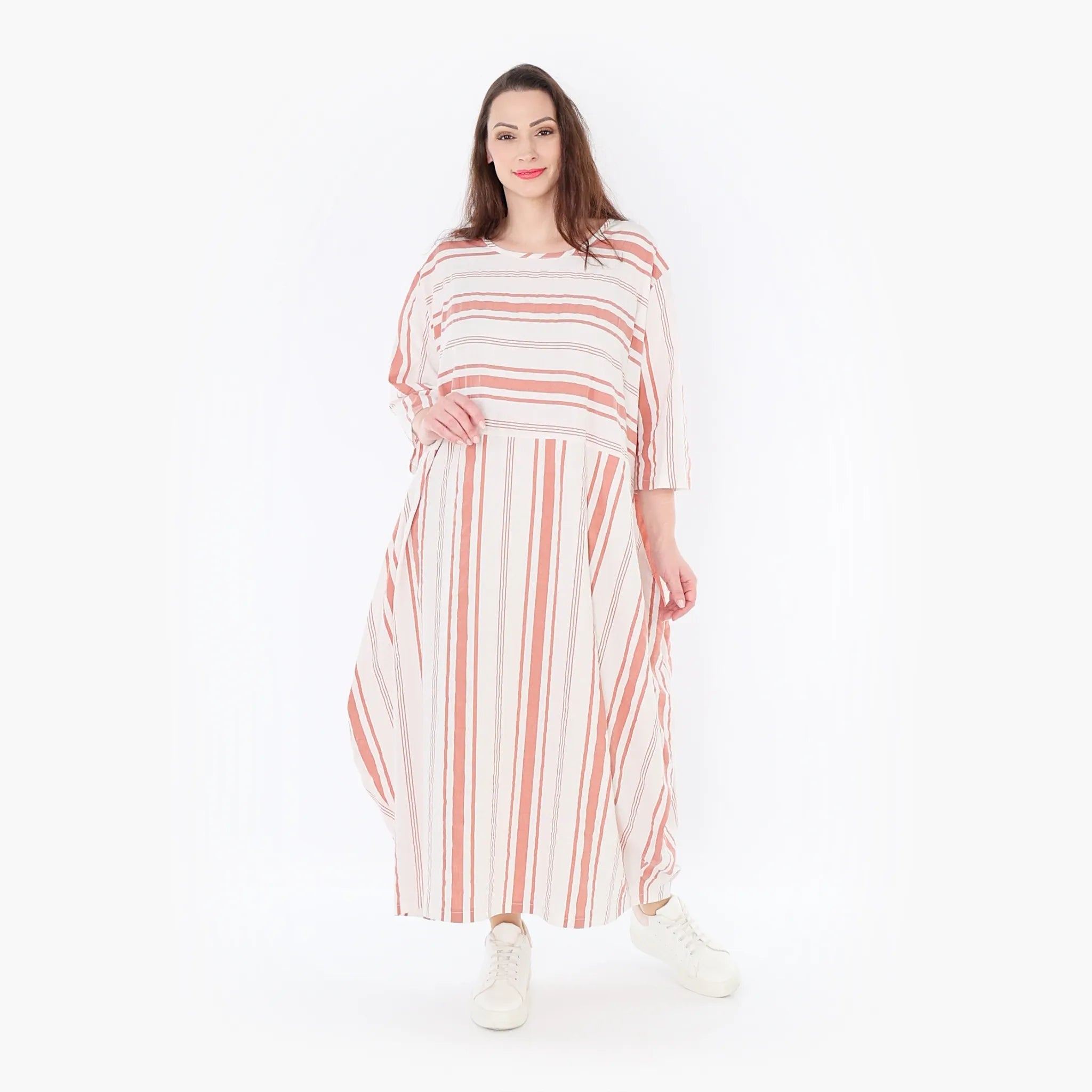  Ballonkleid von AKH Fashion aus Baumwolle, 1420.01926, Weiß/Apricot, Blockstreifen, Schick