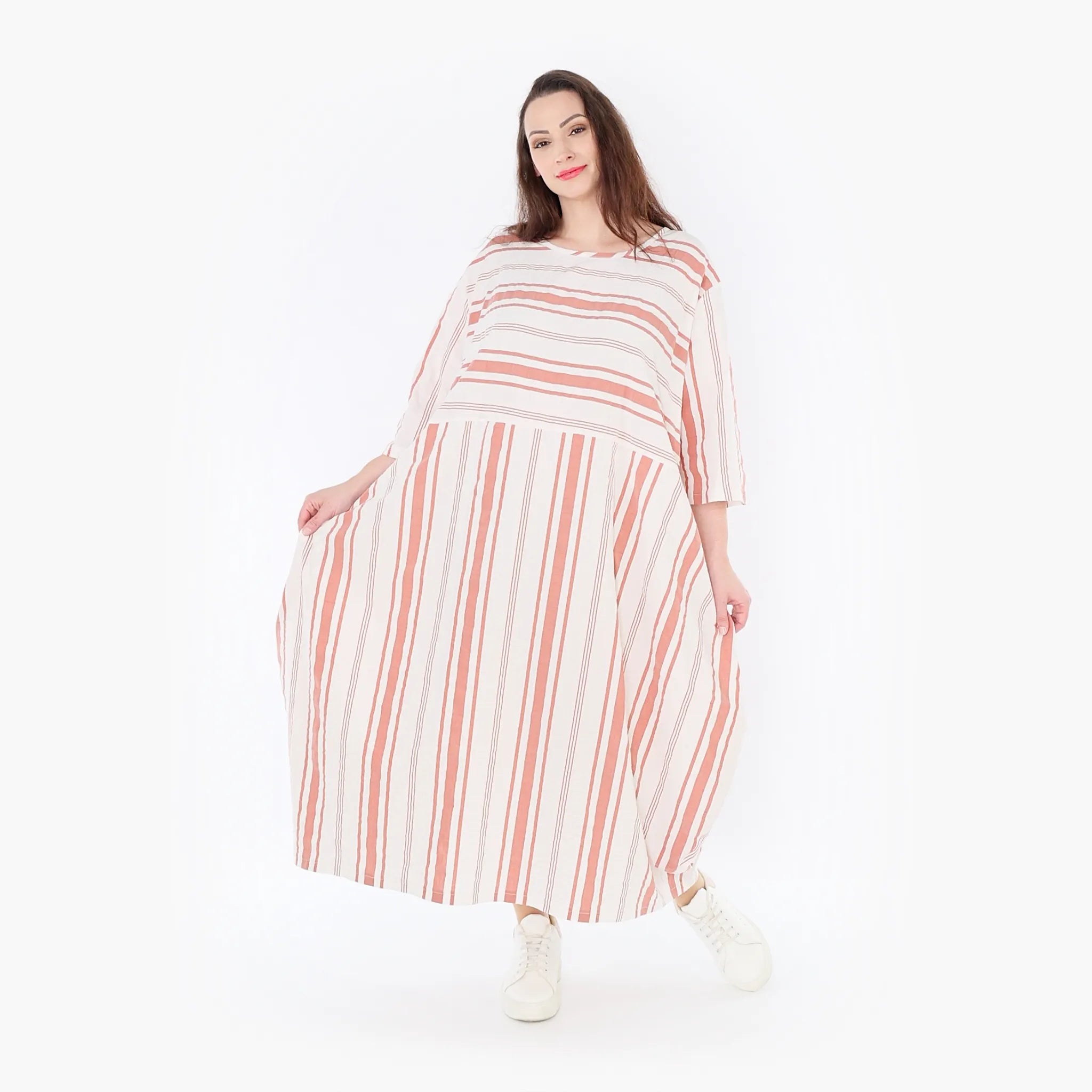  Ballonkleid von AKH Fashion aus Baumwolle, 1420.01926, Weiß/Apricot, Blockstreifen, Schick