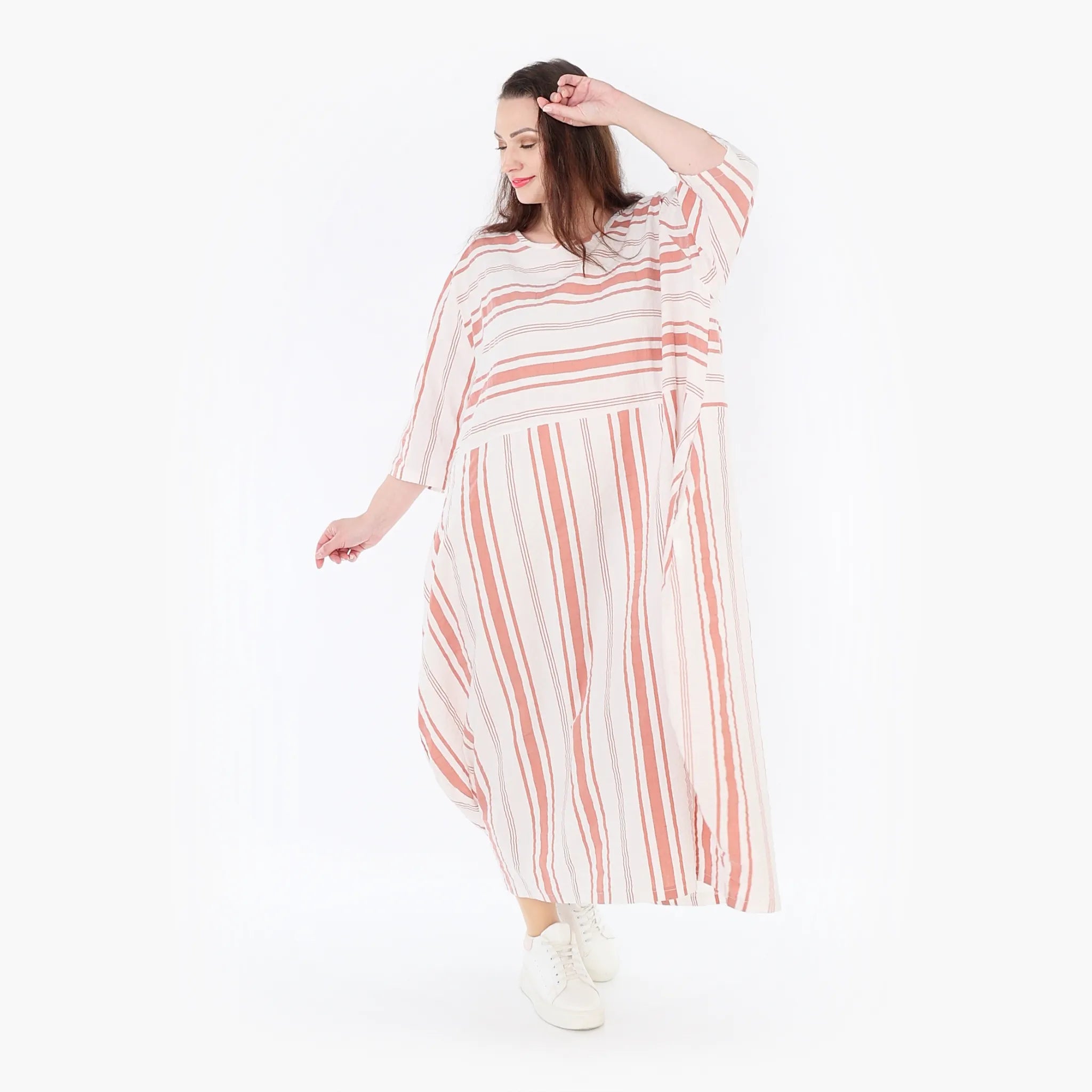  Ballonkleid von AKH Fashion aus Baumwolle, 1420.01926, Weiß/Apricot, Blockstreifen, Schick