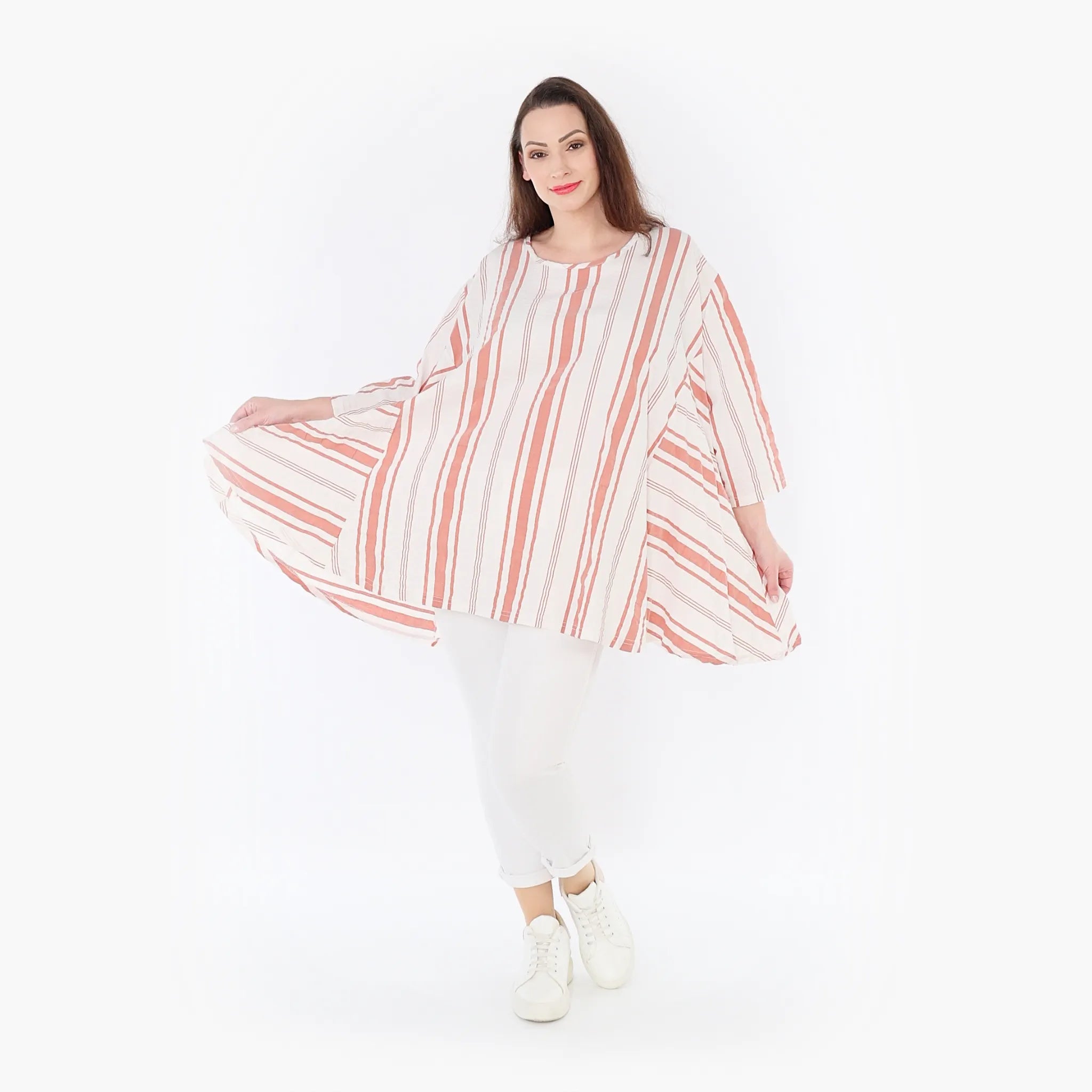 A-Form Bigshirt von AKH Fashion aus Baumwolle, 1420.00593, Weiß/Apricot, Blockstreifen