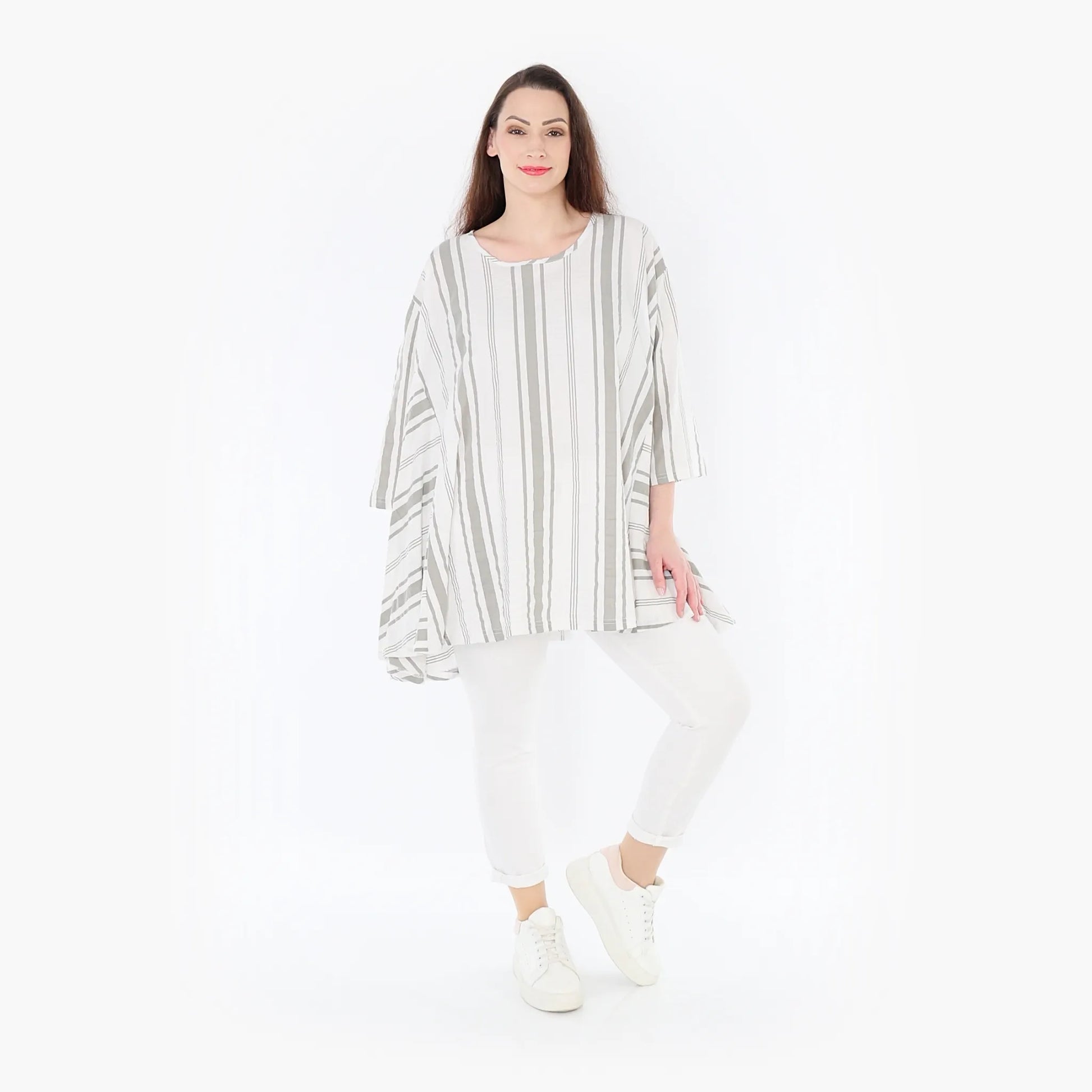  A-Form Bigshirt von AKH Fashion aus Baumwolle, 1420.00593, Weiß/Kiwi, Blockstreifen, Schick