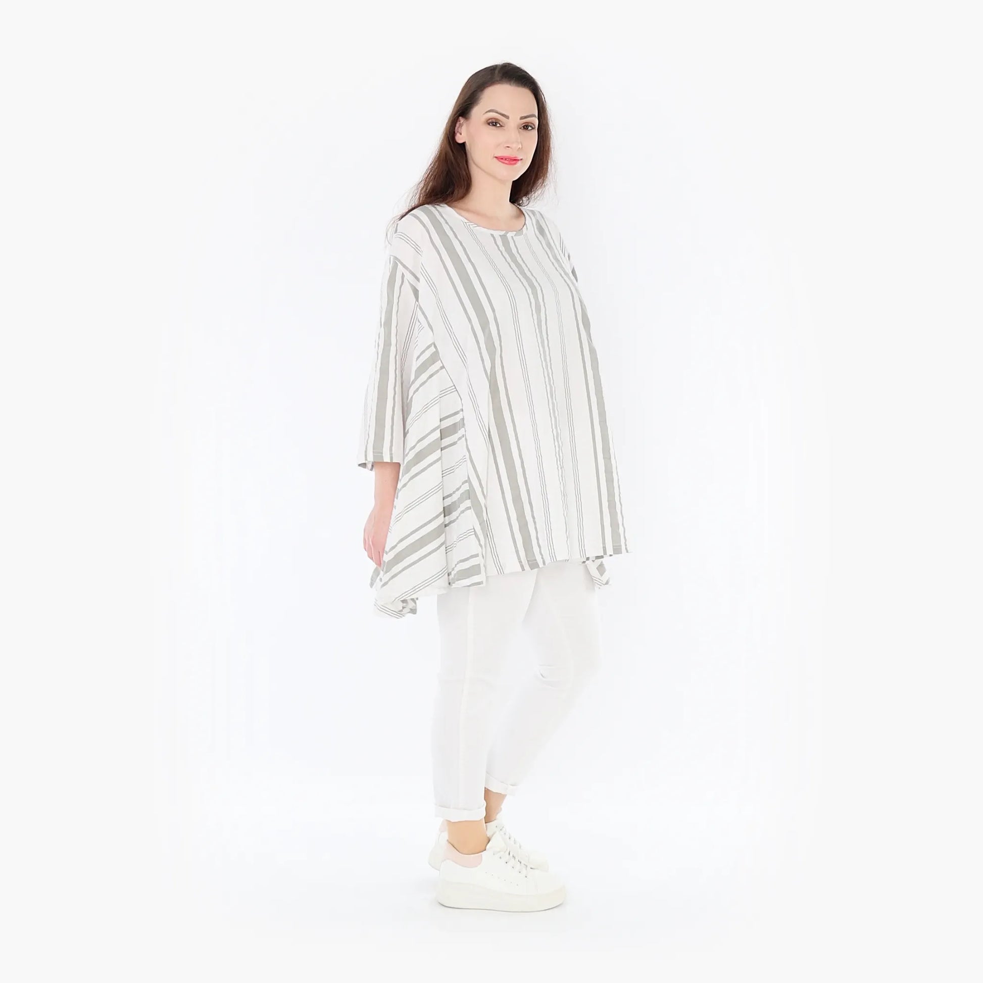  A-Form Bigshirt von AKH Fashion aus Baumwolle, 1420.00593, Weiß/Kiwi, Blockstreifen, Schick