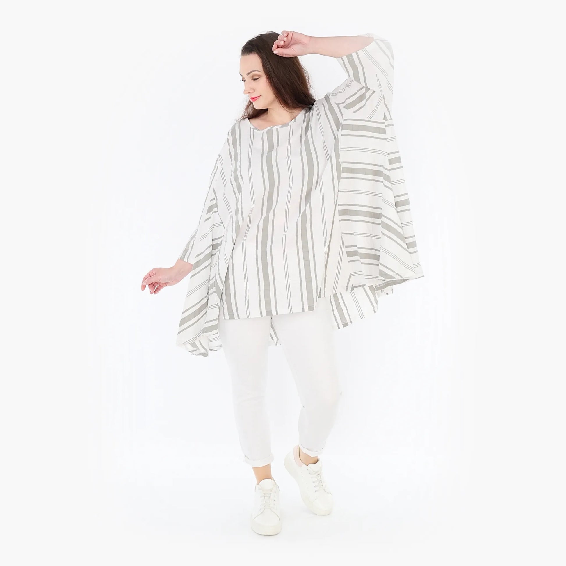  A-Form Bigshirt von AKH Fashion aus Baumwolle, 1420.00593, Weiß/Kiwi, Blockstreifen, Schick
