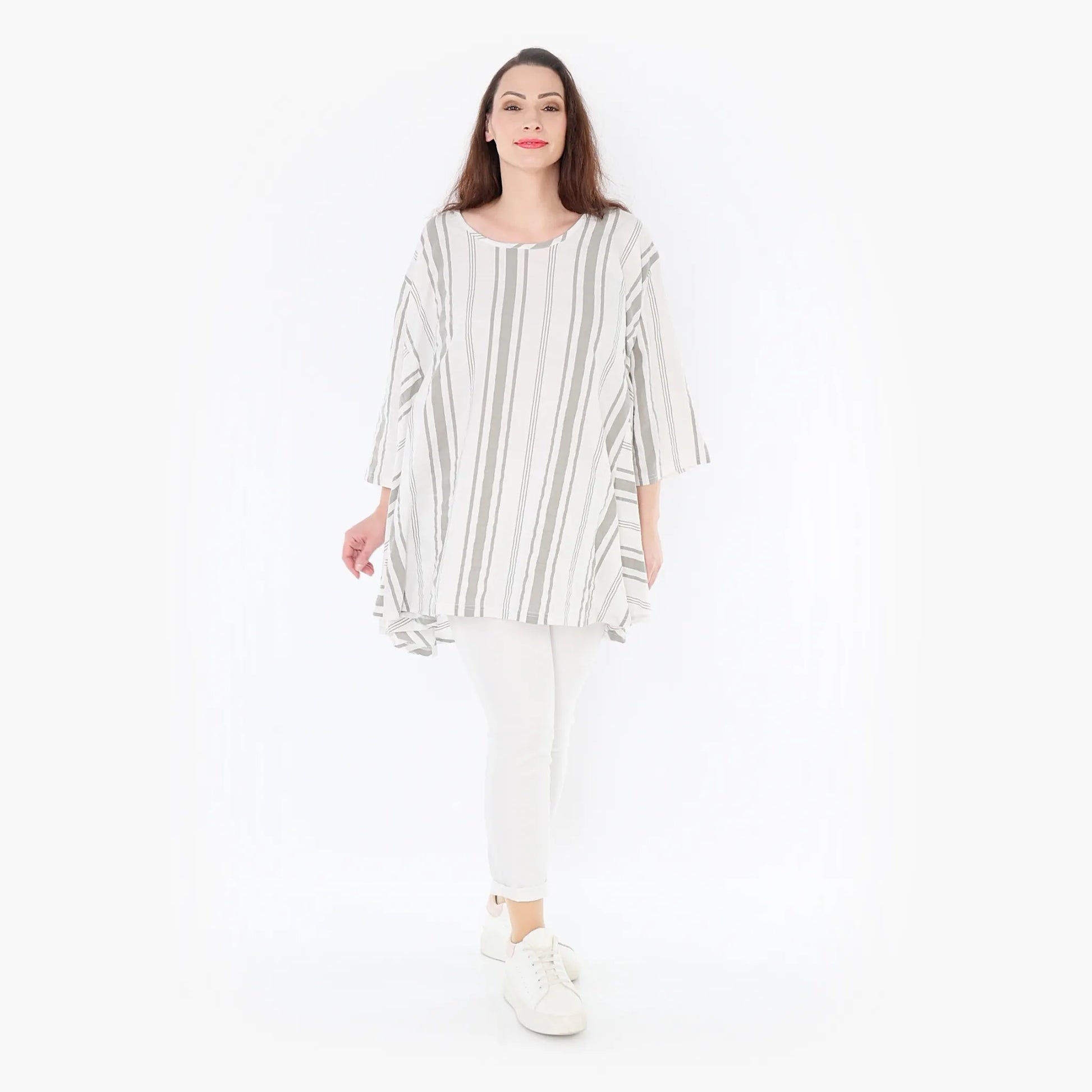  A-Form Bigshirt von AKH Fashion aus Baumwolle, 1420.00593, Weiß/Kiwi, Blockstreifen, Schick