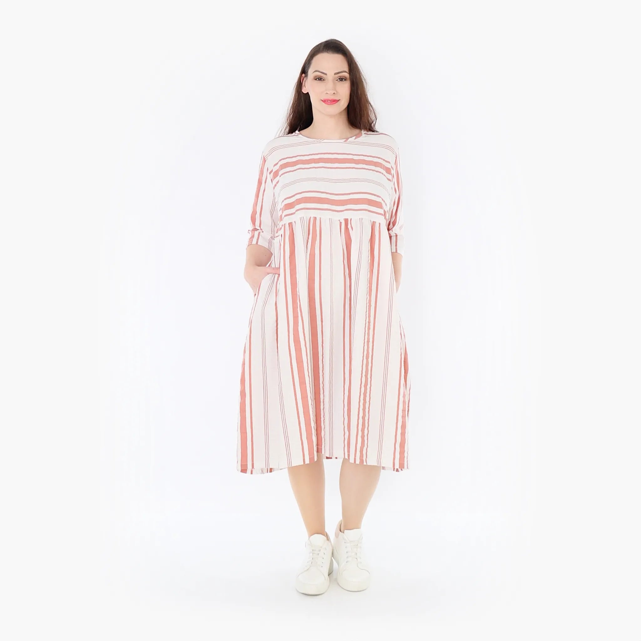  Ballonkleid von AKH Fashion aus Baumwolle, 1420.06698, Weiß/Apricot, Blockstreifen, Schick