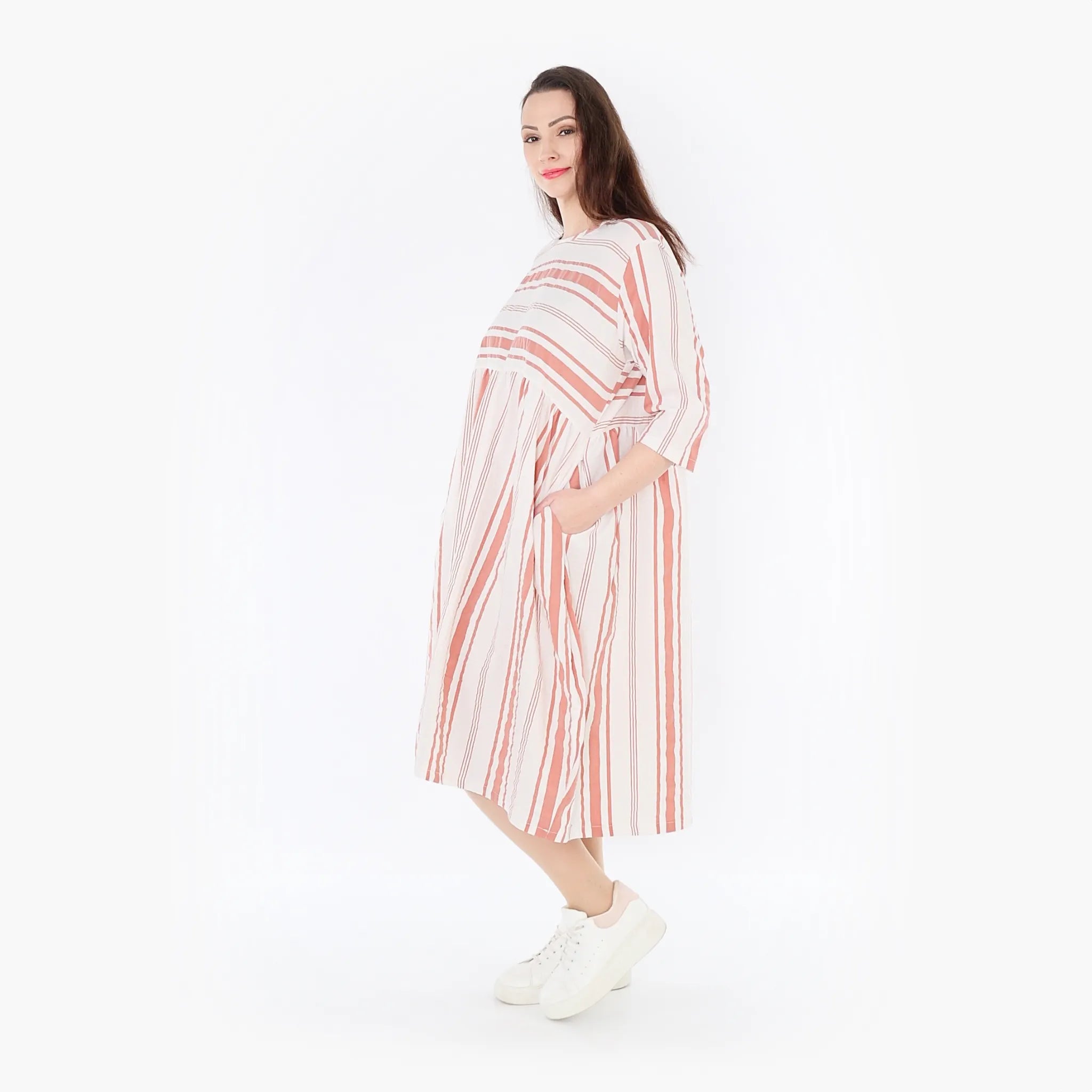  Ballonkleid von AKH Fashion aus Baumwolle, 1420.06698, Weiß/Apricot, Blockstreifen, Schick