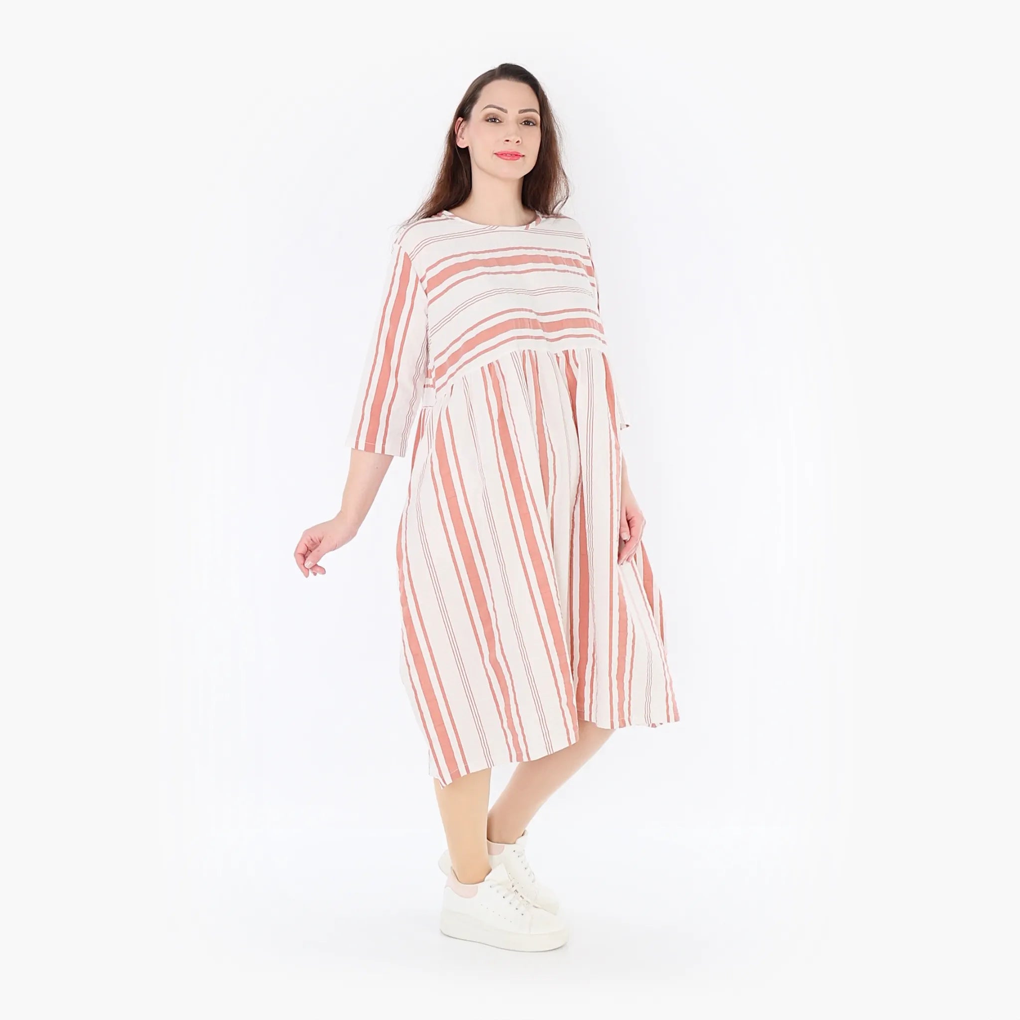  Ballonkleid von AKH Fashion aus Baumwolle, 1420.06698, Weiß/Apricot, Blockstreifen, Schick