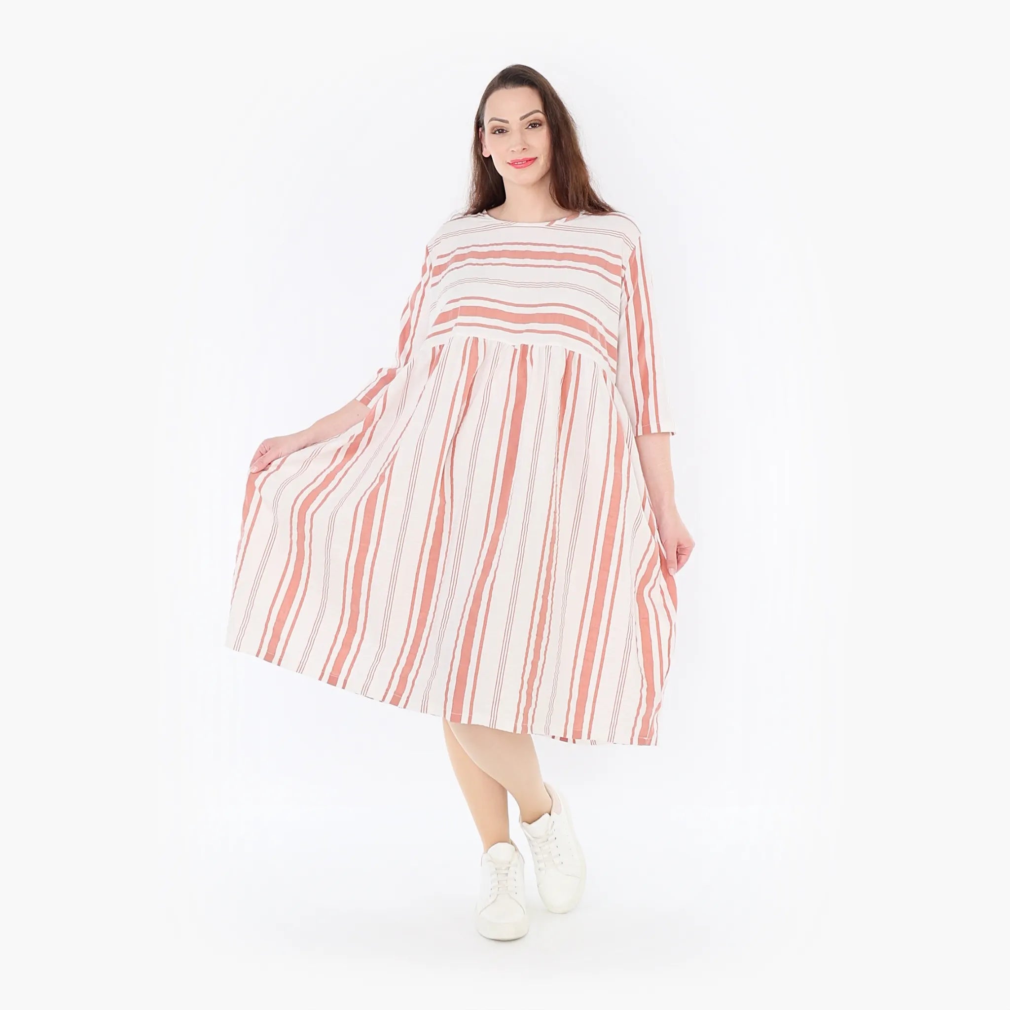  Ballonkleid von AKH Fashion aus Baumwolle, 1420.06698, Weiß/Apricot, Blockstreifen, Schick
