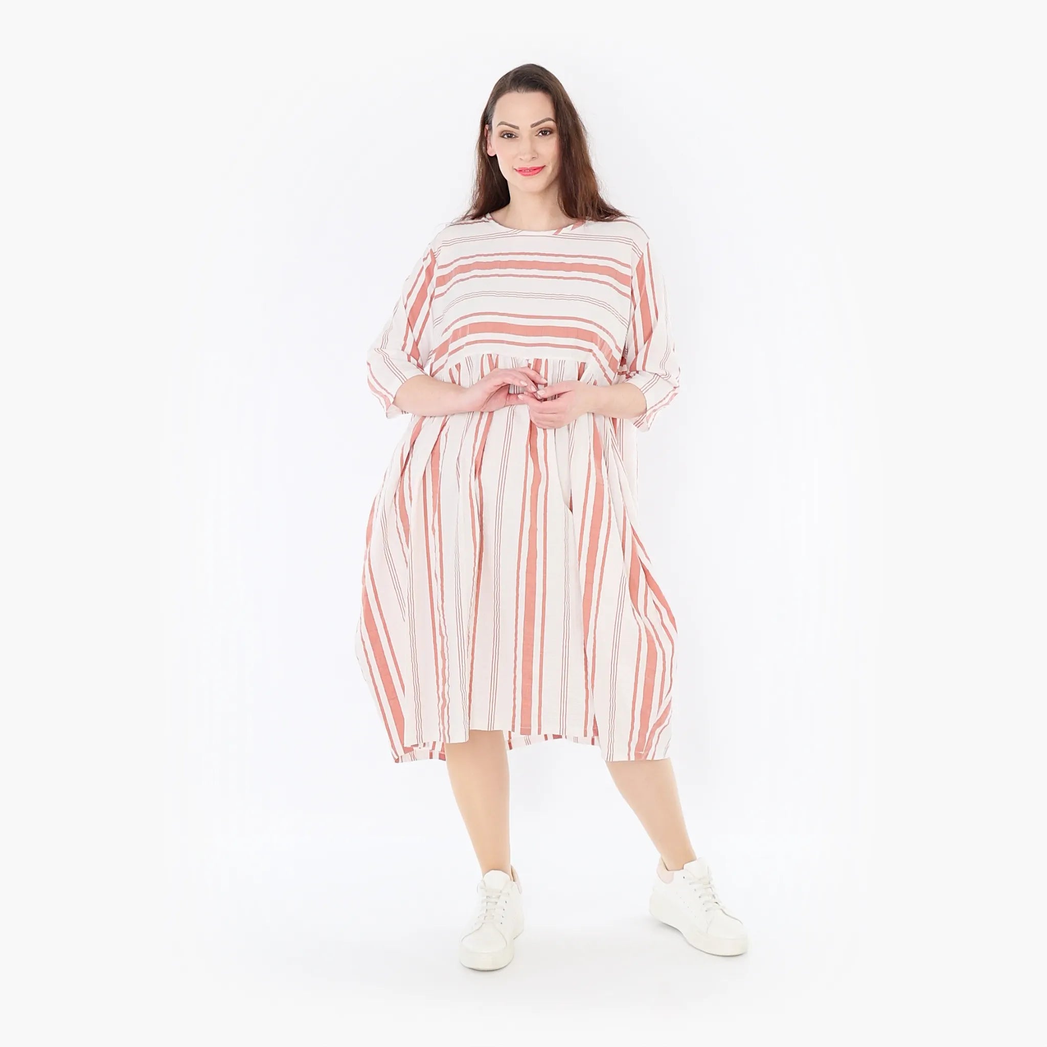  Ballonkleid von AKH Fashion aus Baumwolle, 1420.06698, Weiß/Apricot, Blockstreifen, Schick