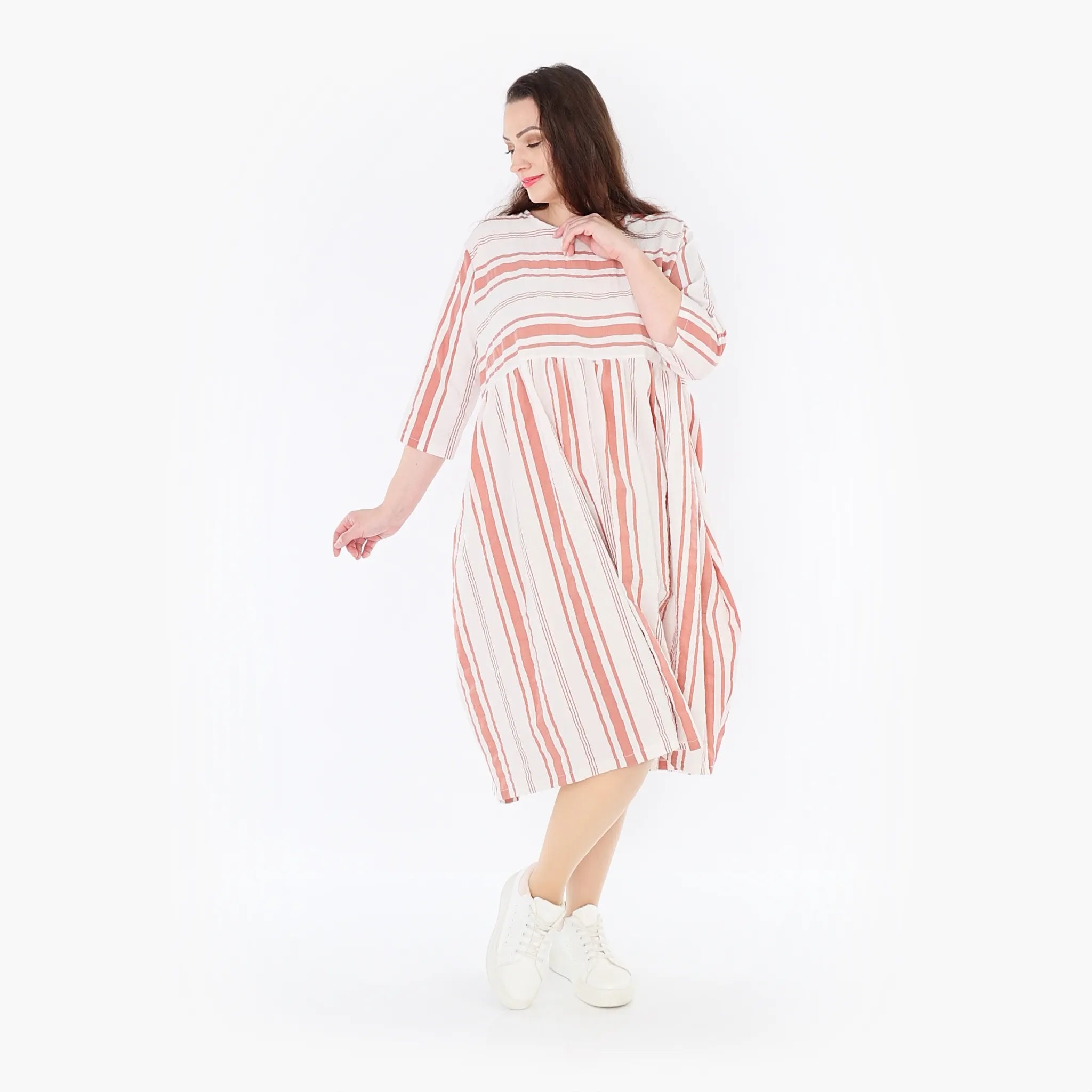 Ballonkleid von AKH Fashion aus Baumwolle, 1420.06698, Weiß/Apricot, Blockstreifen, Schick