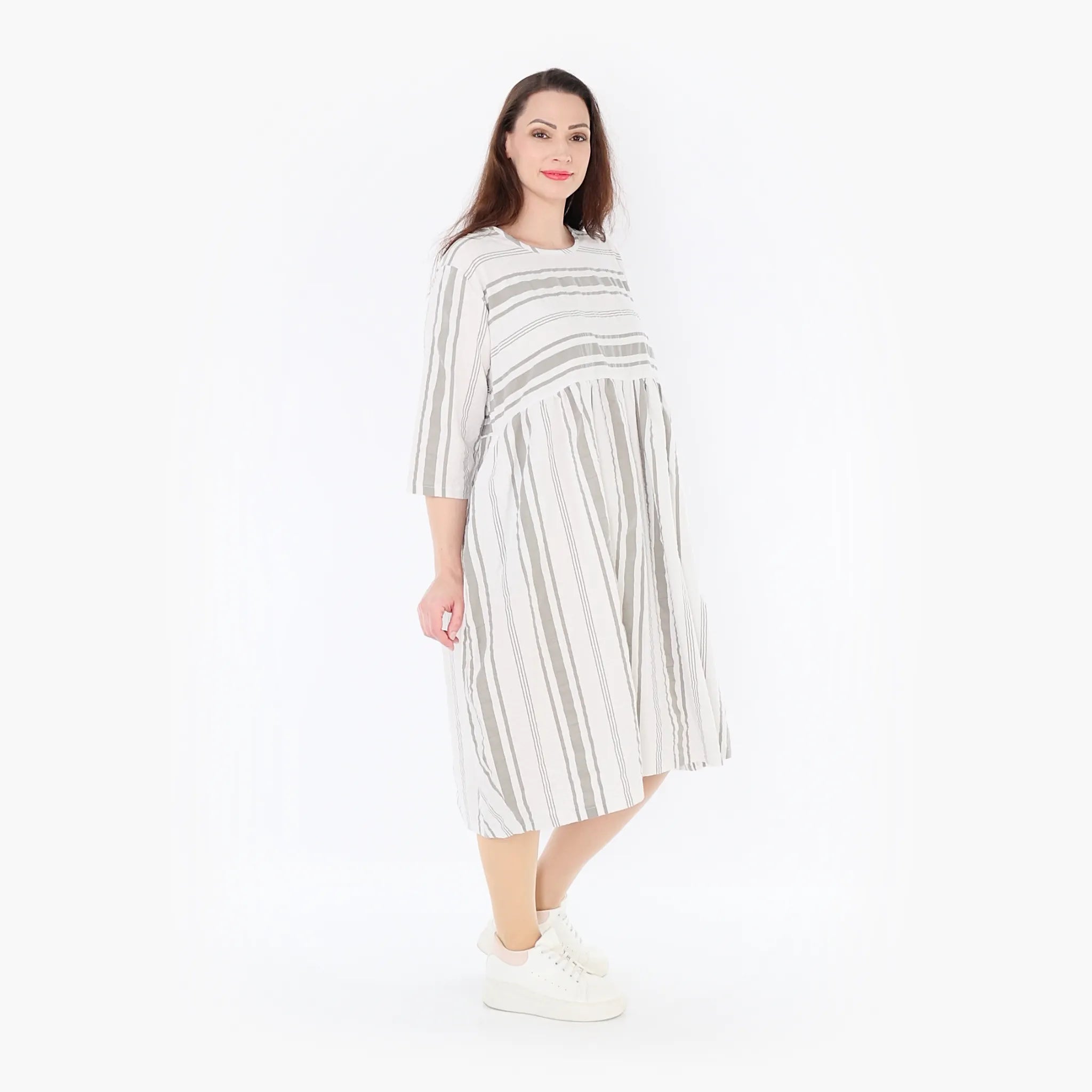  Ballonkleid von AKH Fashion aus Baumwolle, 1420.06698, Weiß/Kiwi, Blockstreifen, Schick