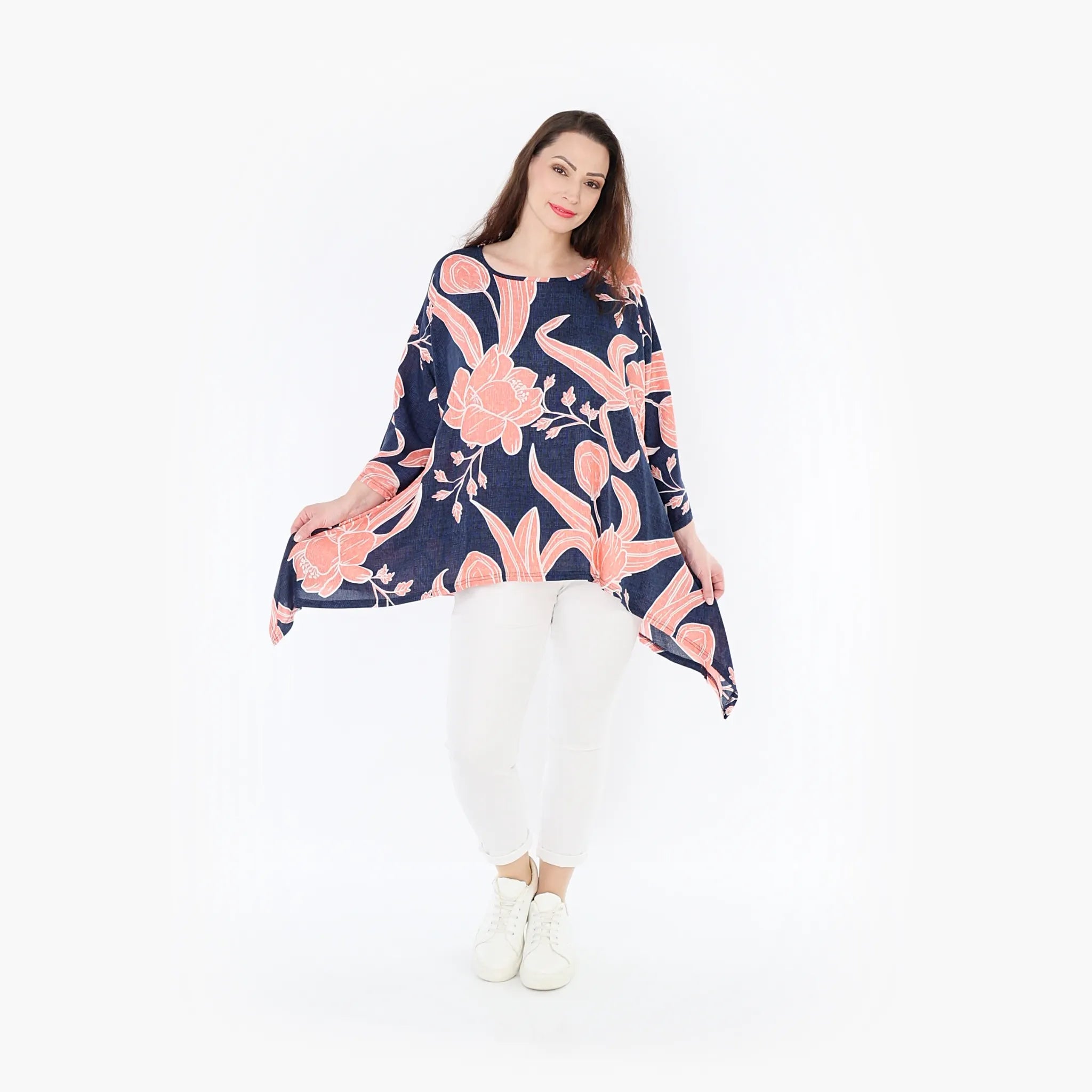 A-Form Bigshirt von AKH Fashion aus Viskose, 1421.06588, Navy/Koralle, Blumen, Schick, Schick