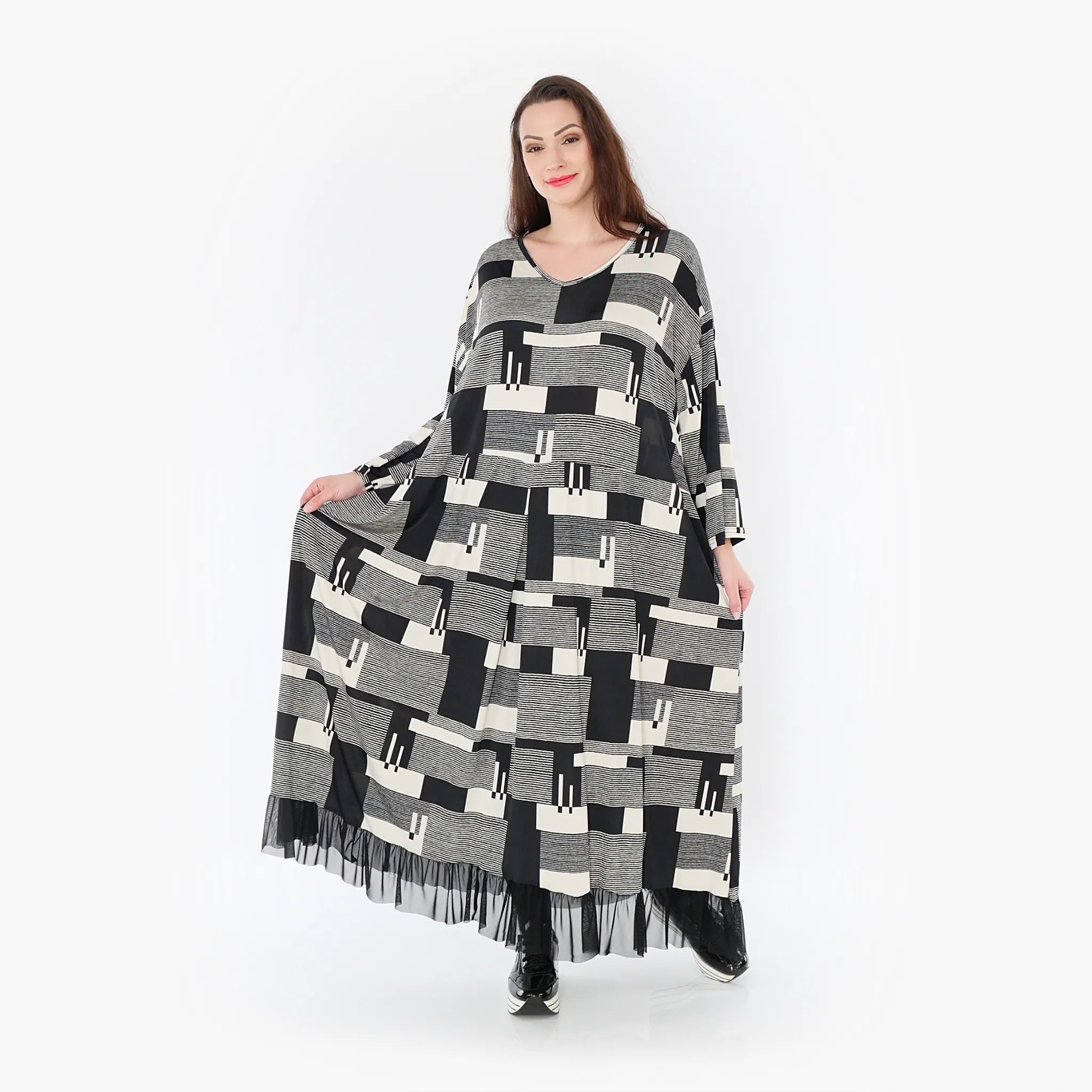  Ballonkleid von AKH Fashion aus Viskose, 1426.06984, Schwarz/Ecru, Grafik, Schick, Modern