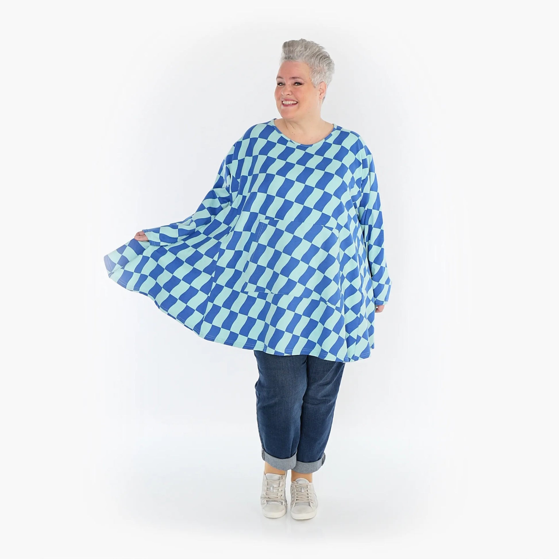  A-Form Bigshirt von AKH Fashion aus Baumwolle, 1427.06708, Türkis/Blau, Kariert, Schick