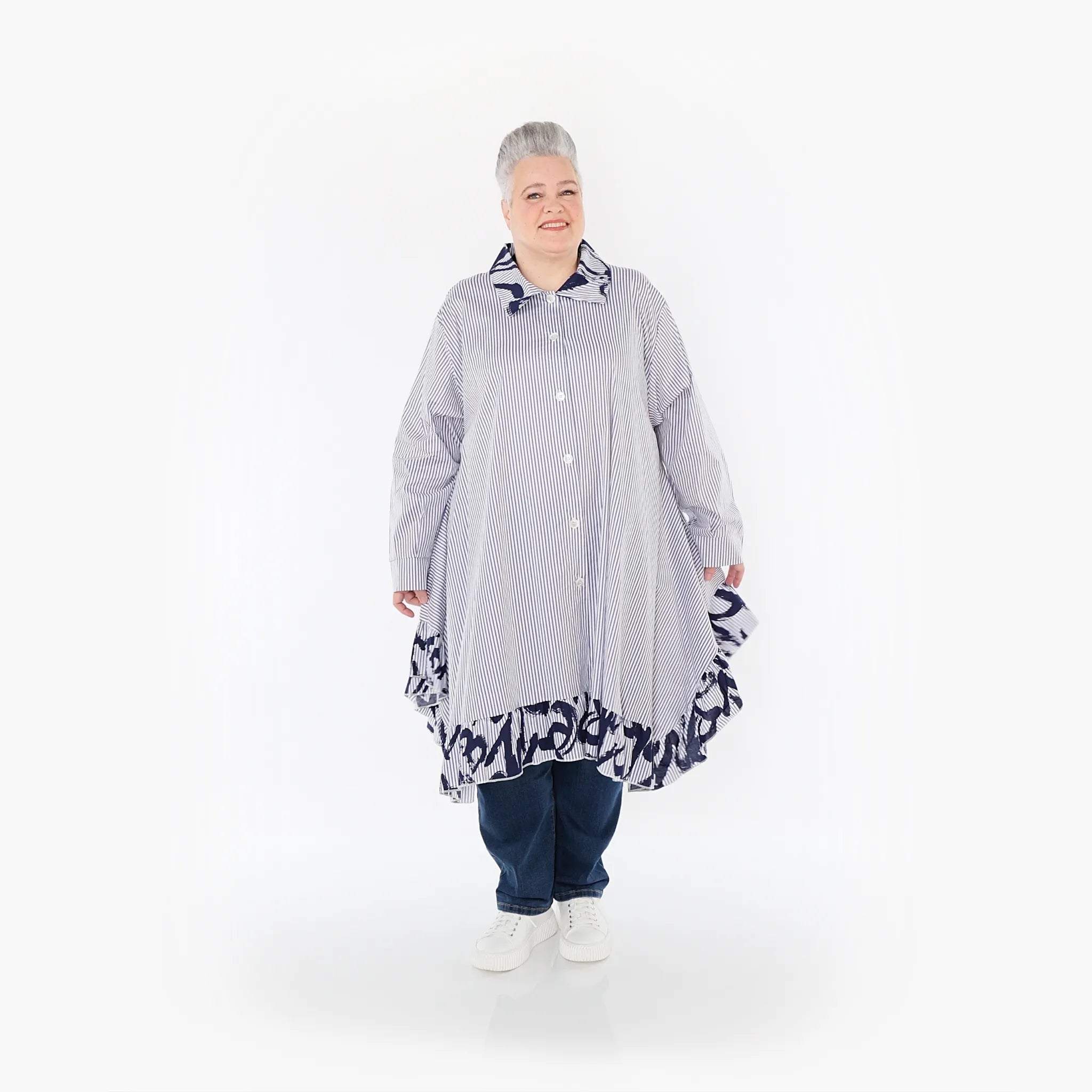  A-Form Bluse von AKH Fashion aus Baumwolle, 1435.06917, Weiß/Blau, Vichy-Streifen, Schick