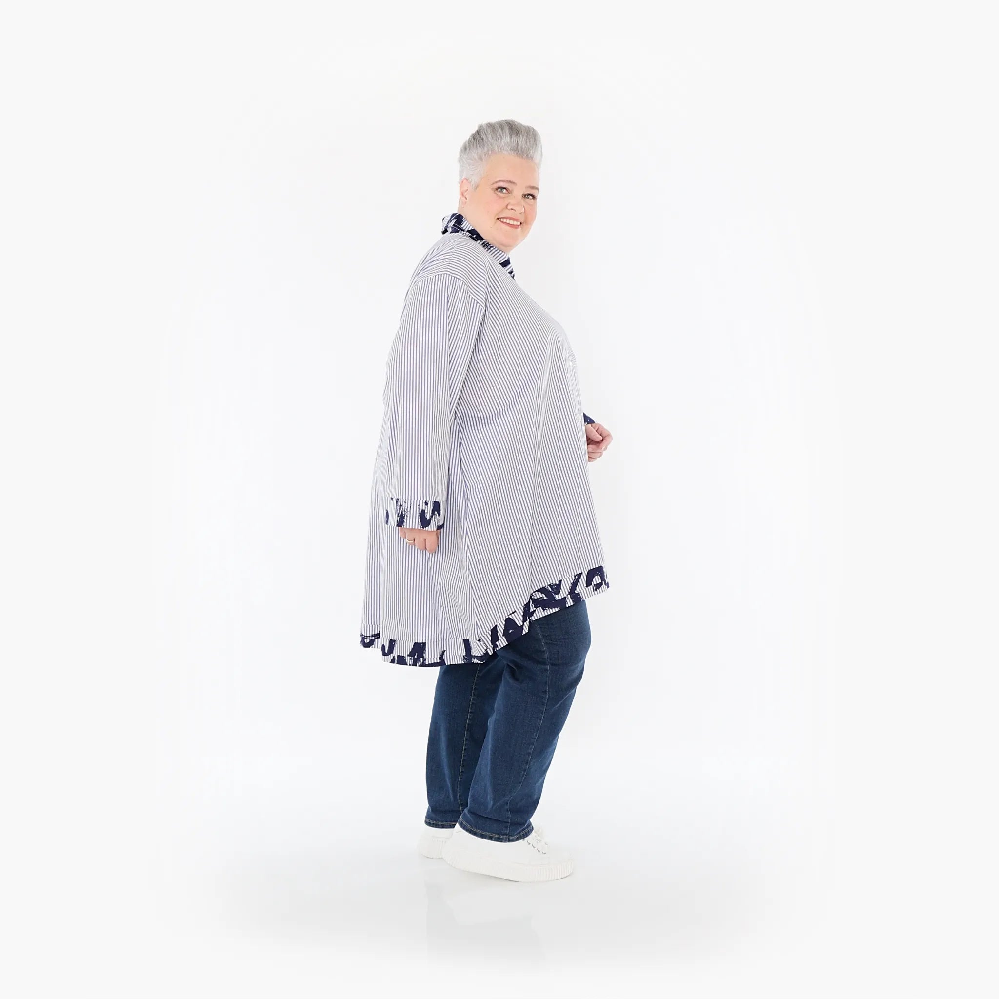  A-Form Bluse von AKH Fashion aus Baumwolle, 1435.07010, Weiß/Blau, Vichy-Streifen, Schick