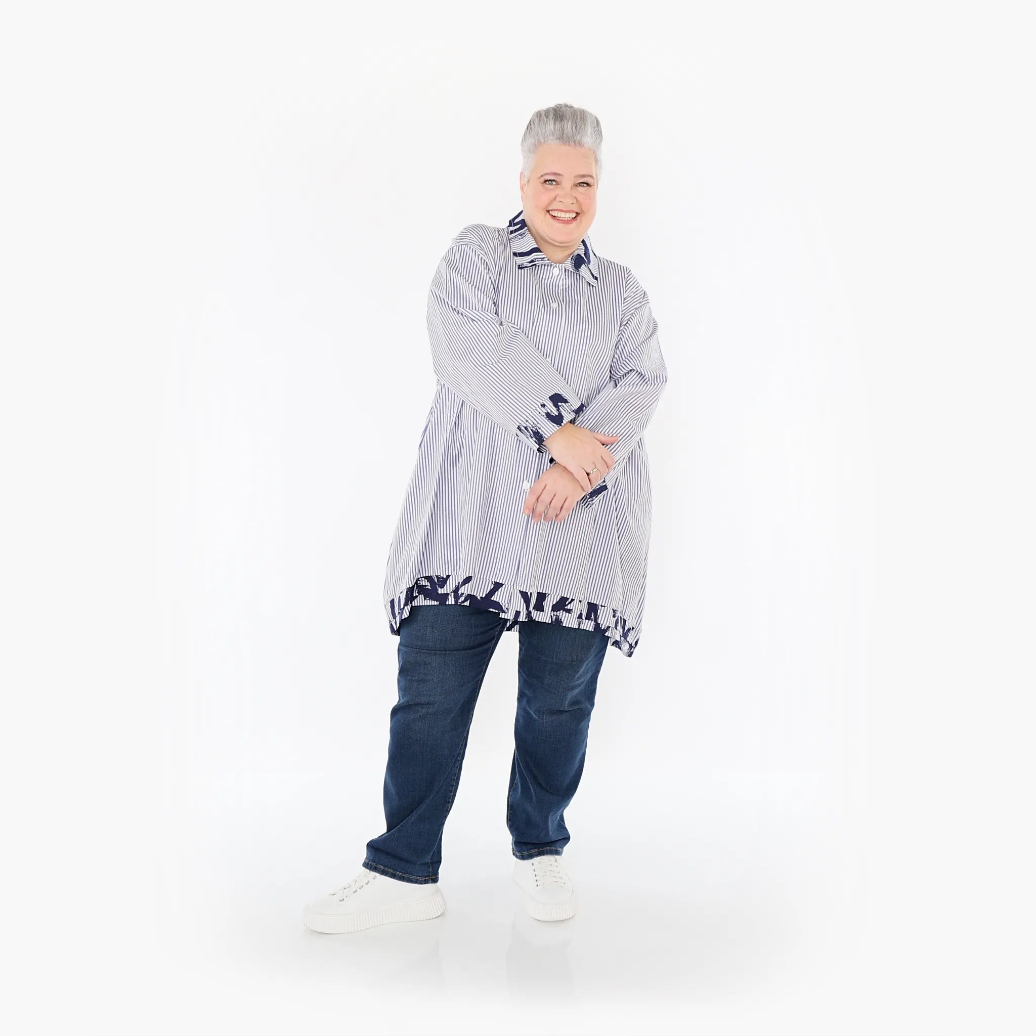  A-Form Bluse von AKH Fashion aus Baumwolle, 1435.07010, Weiß/Blau, Vichy-Streifen, Schick