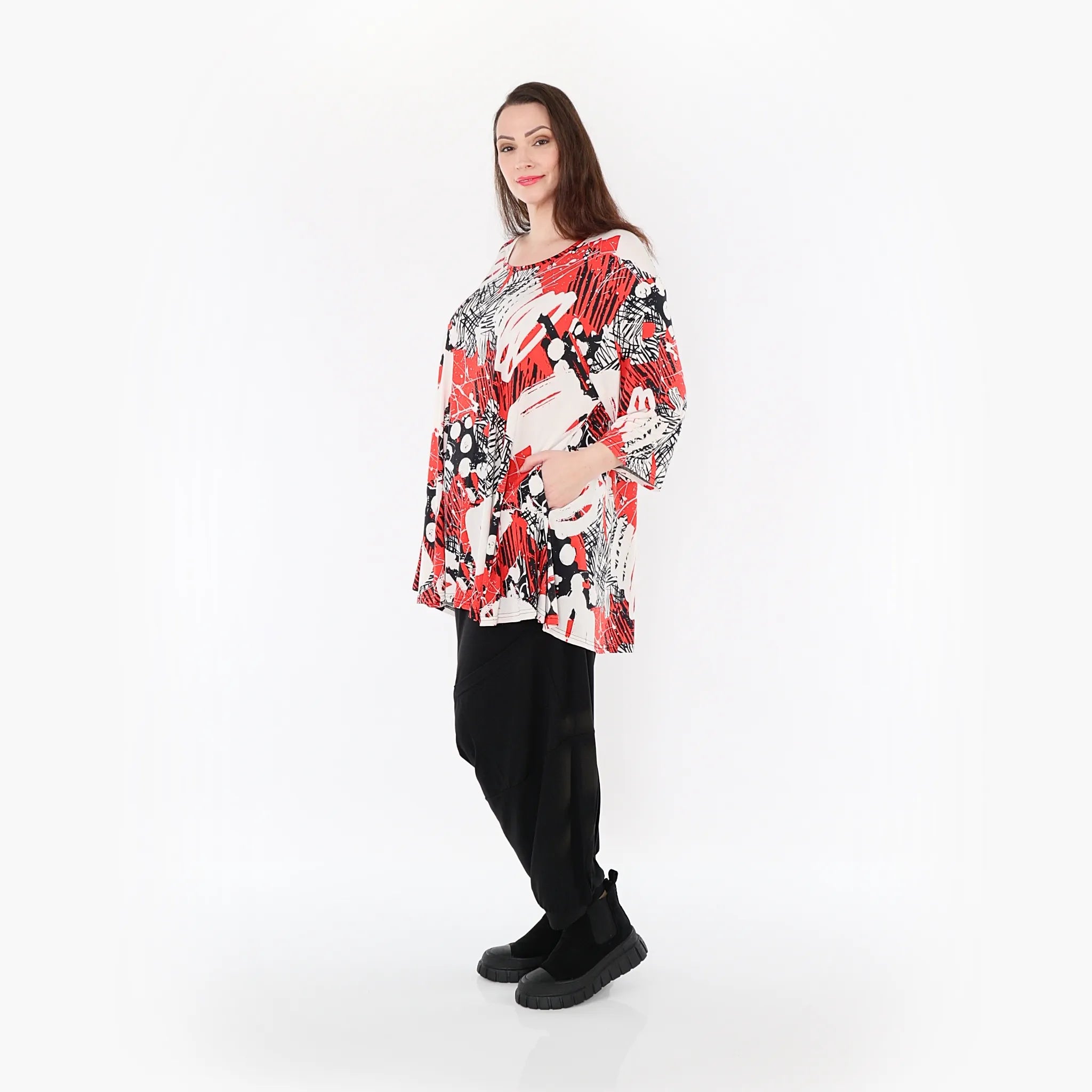  AKH Fashion Bigshirt in Glocken-Form, aus Materialmix, 1451.01892, Rot/Weiß/Schwarz, Punkte