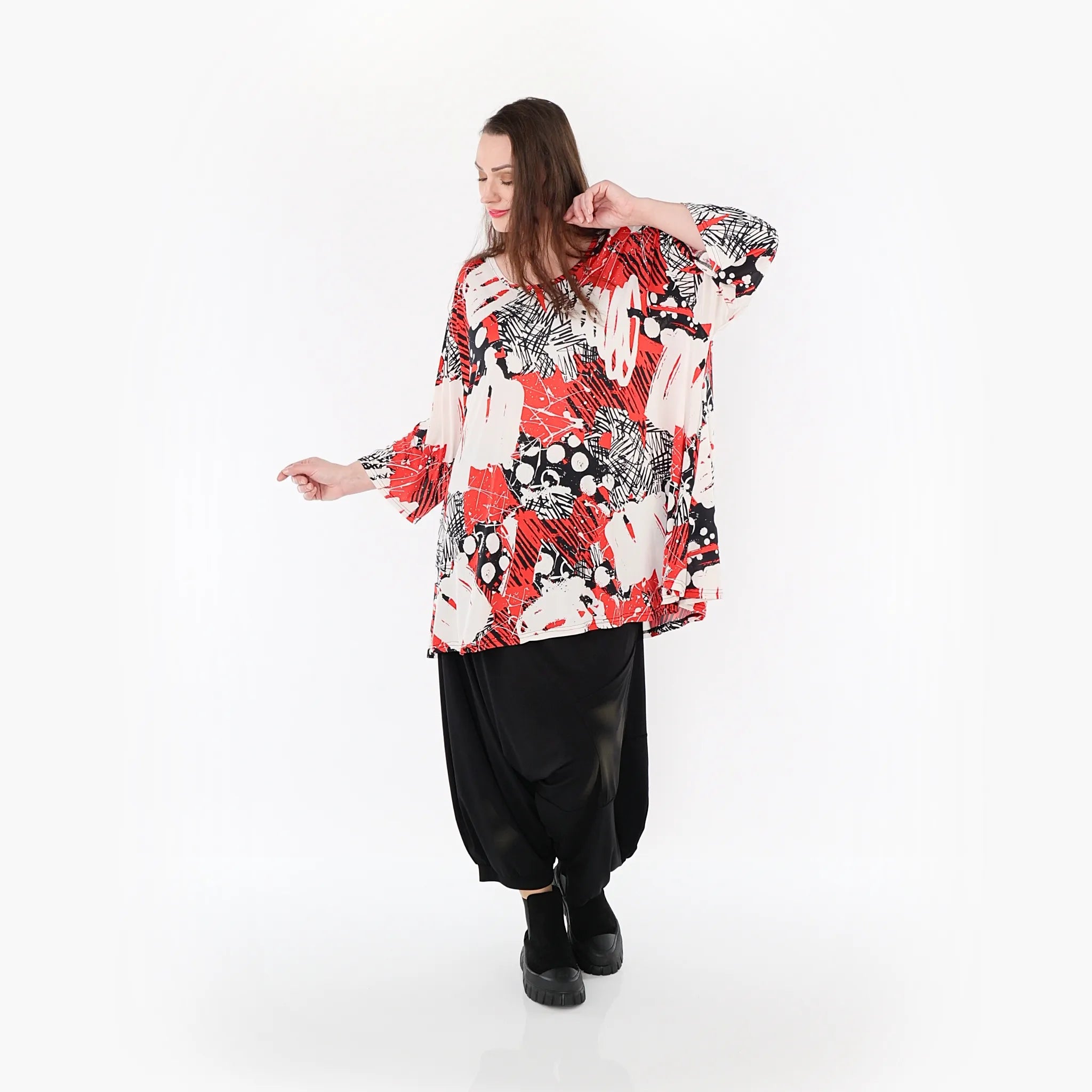  AKH Fashion Bigshirt in Glocken-Form, aus Materialmix, 1451.01892, Rot/Weiß/Schwarz, Punkte