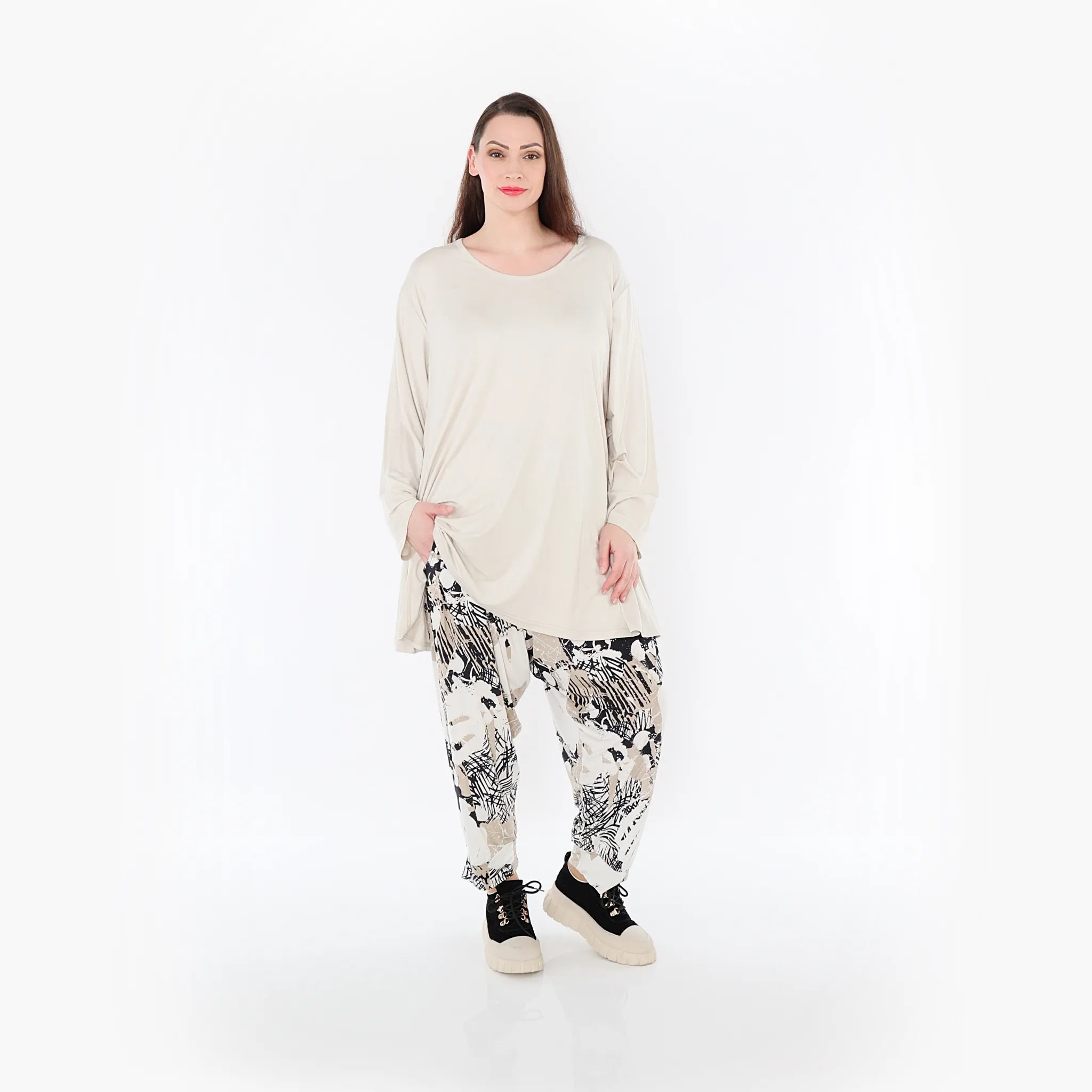  Haremshose von AKH Fashion aus Materialmix, 1451.06813, Beige/Weiß/Schwarz, Punkte, Schick