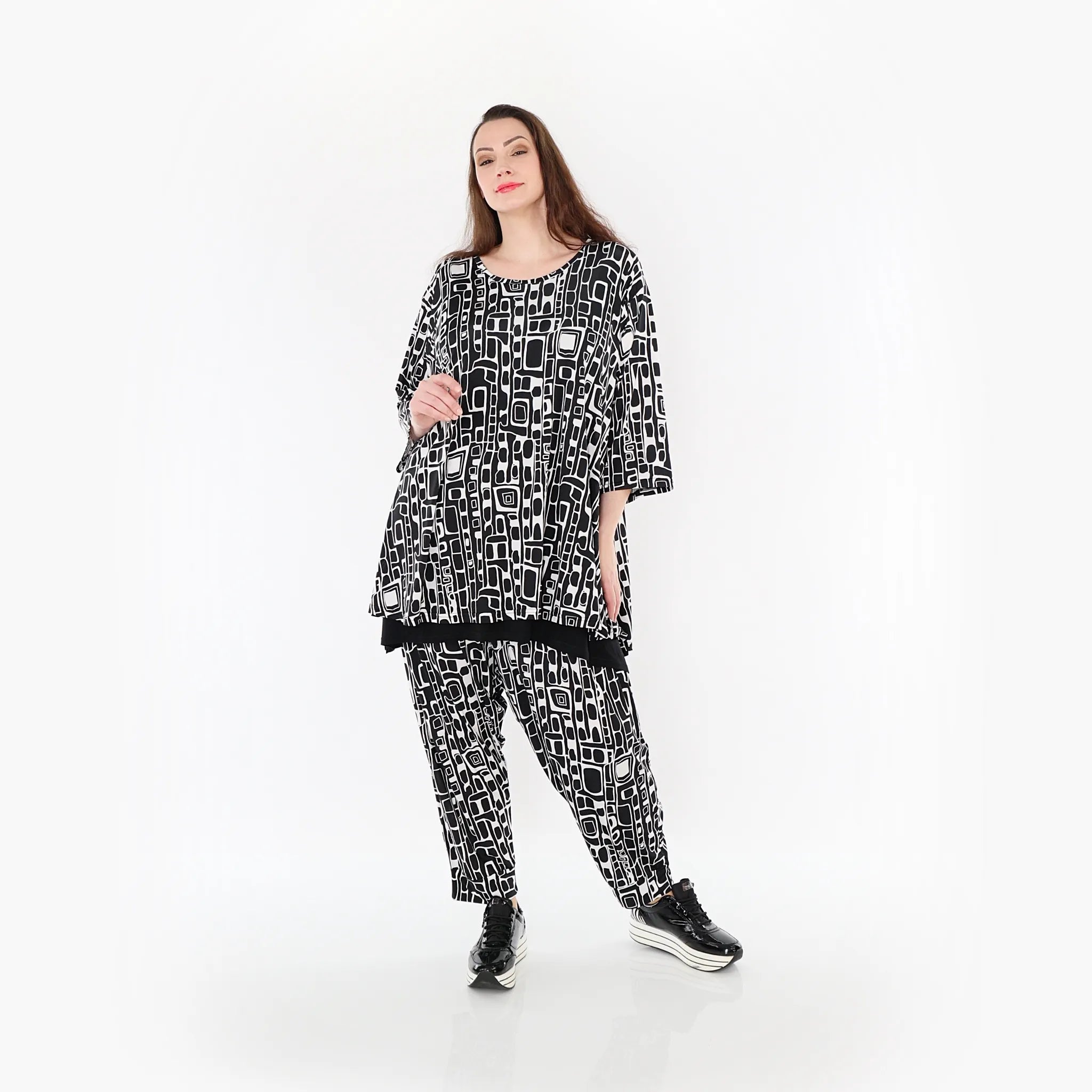  AKH Fashion Bigshirt in Glocken-Form, aus Materialmix, 1452.01892, Schwarz/Weiß, Abstrakt