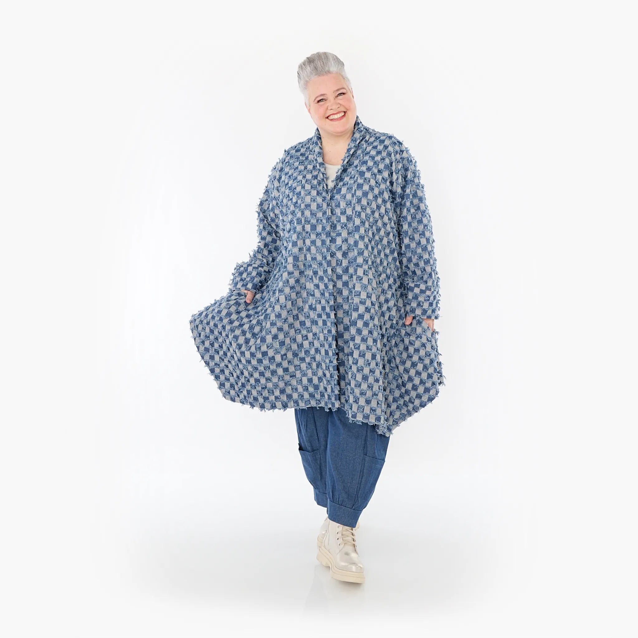 A-Form Cardigan von AKH Fashion aus Baumwolle, 1463.07040, Jeansblau/Grau, Kariert, Schick