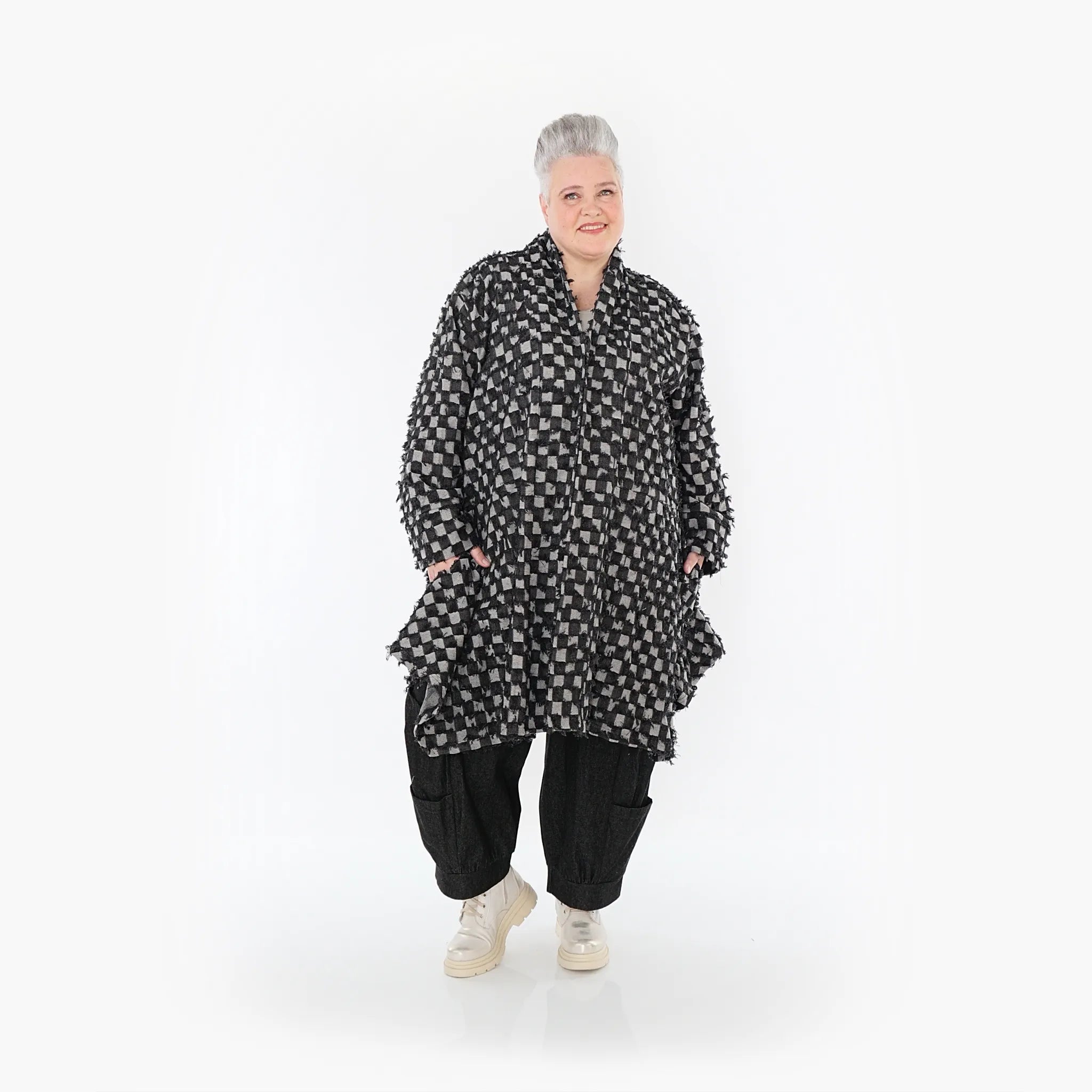  A-Form Cardigan von AKH Fashion aus Baumwolle, 1463.07040, Schwarz/Grau, Kariert, Schick