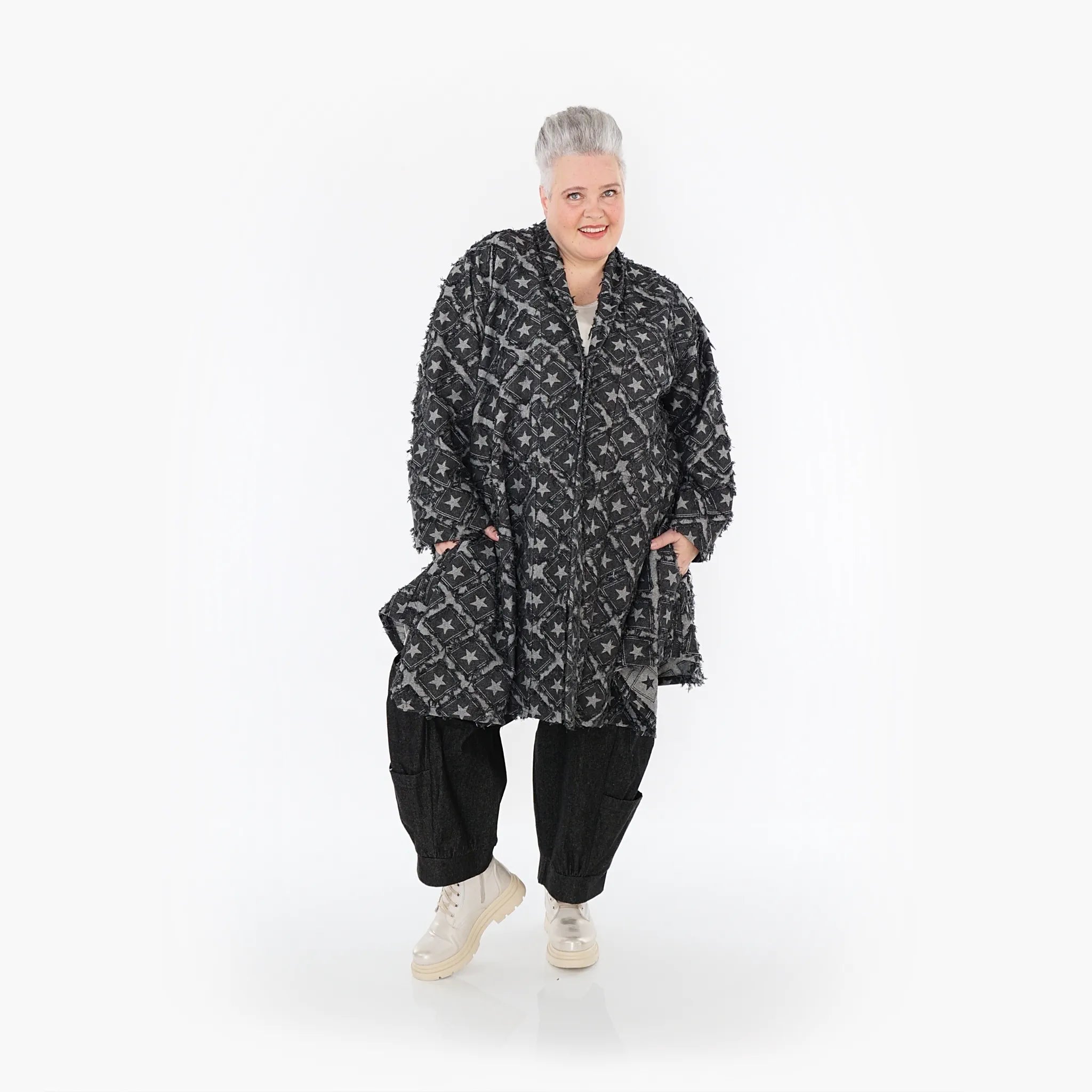  A-Form Cardigan von AKH Fashion aus Baumwolle, 1464.07040, Schwarz/Grau, Raute, Schick