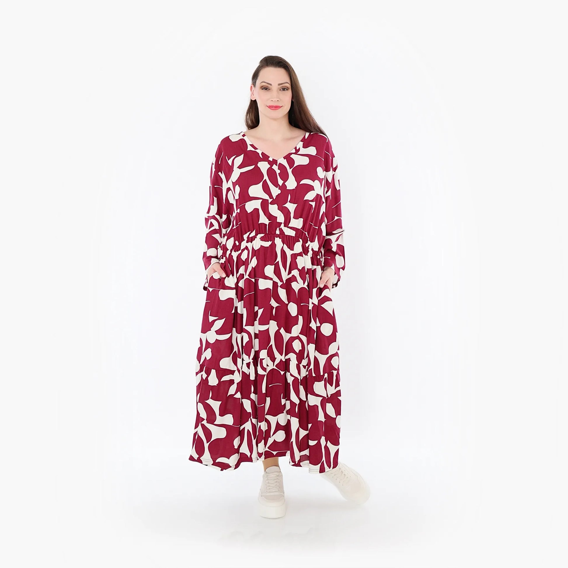 Ballonkleid von AKH Fashion aus Viskose, 1471.07064, Weinrot/Weiß, Muster, Ausgefallen