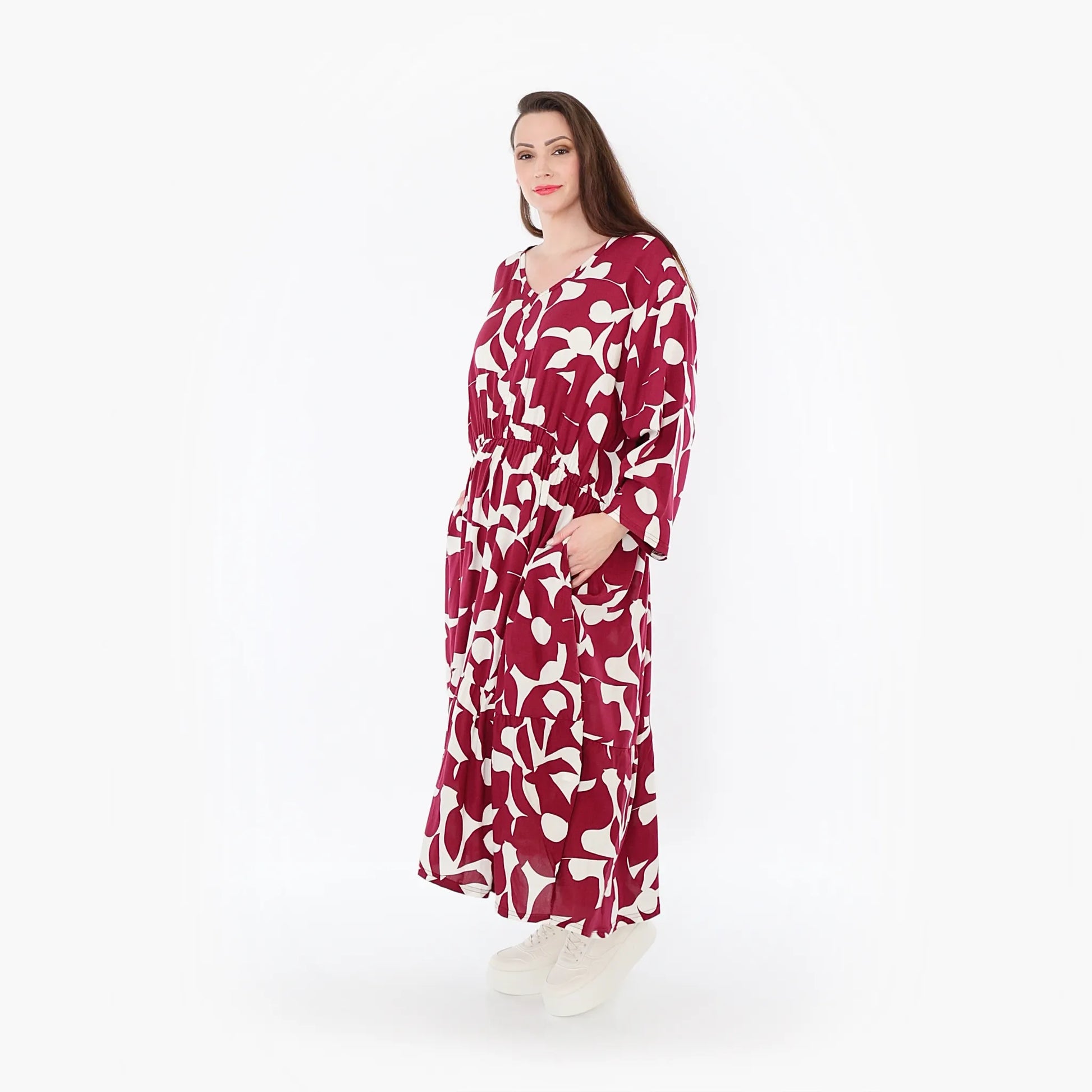  Ballonkleid von AKH Fashion aus Viskose, 1471.07064, Weinrot/Weiß, Muster, Ausgefallen