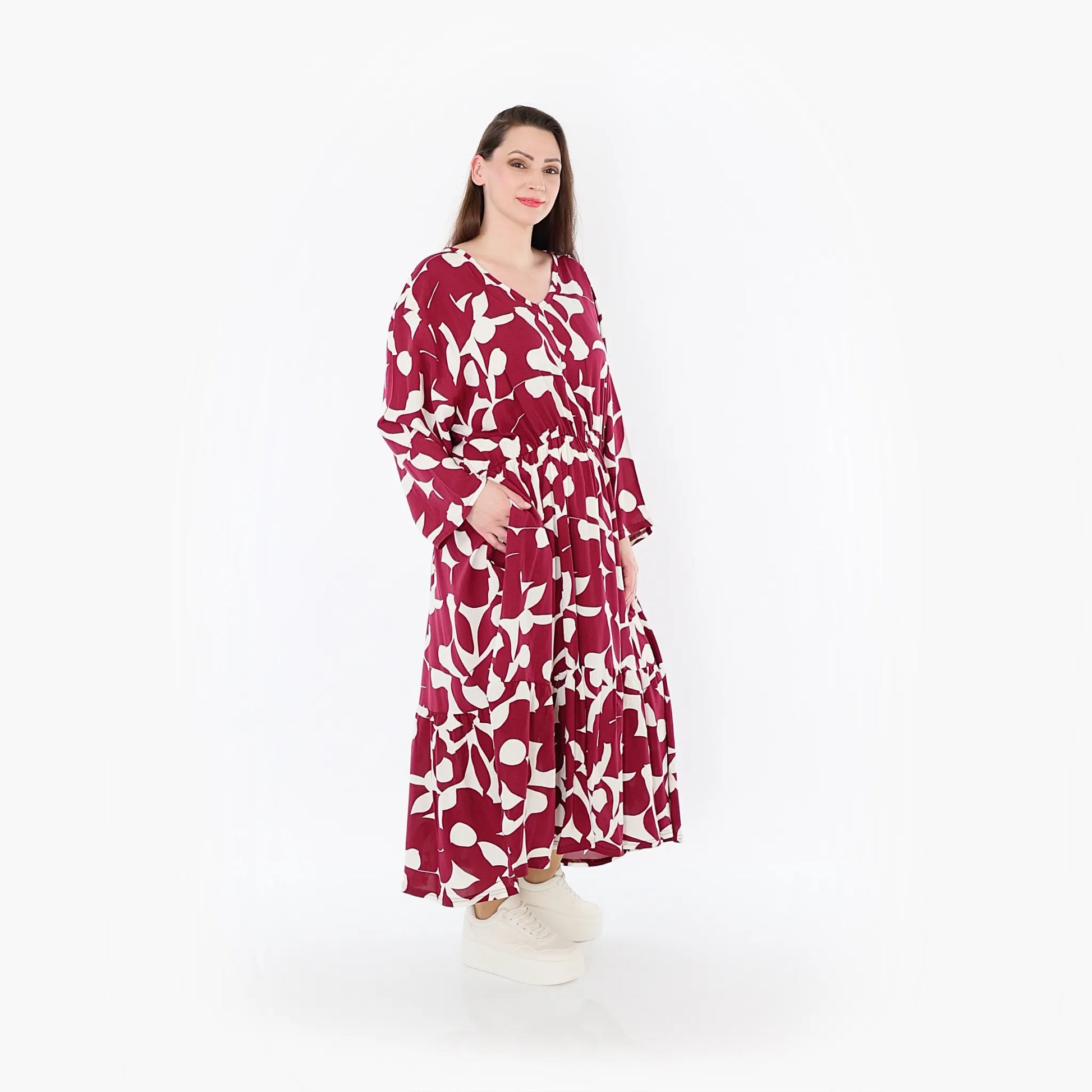  Ballonkleid von AKH Fashion aus Viskose, 1471.07064, Weinrot/Weiß, Muster, Ausgefallen