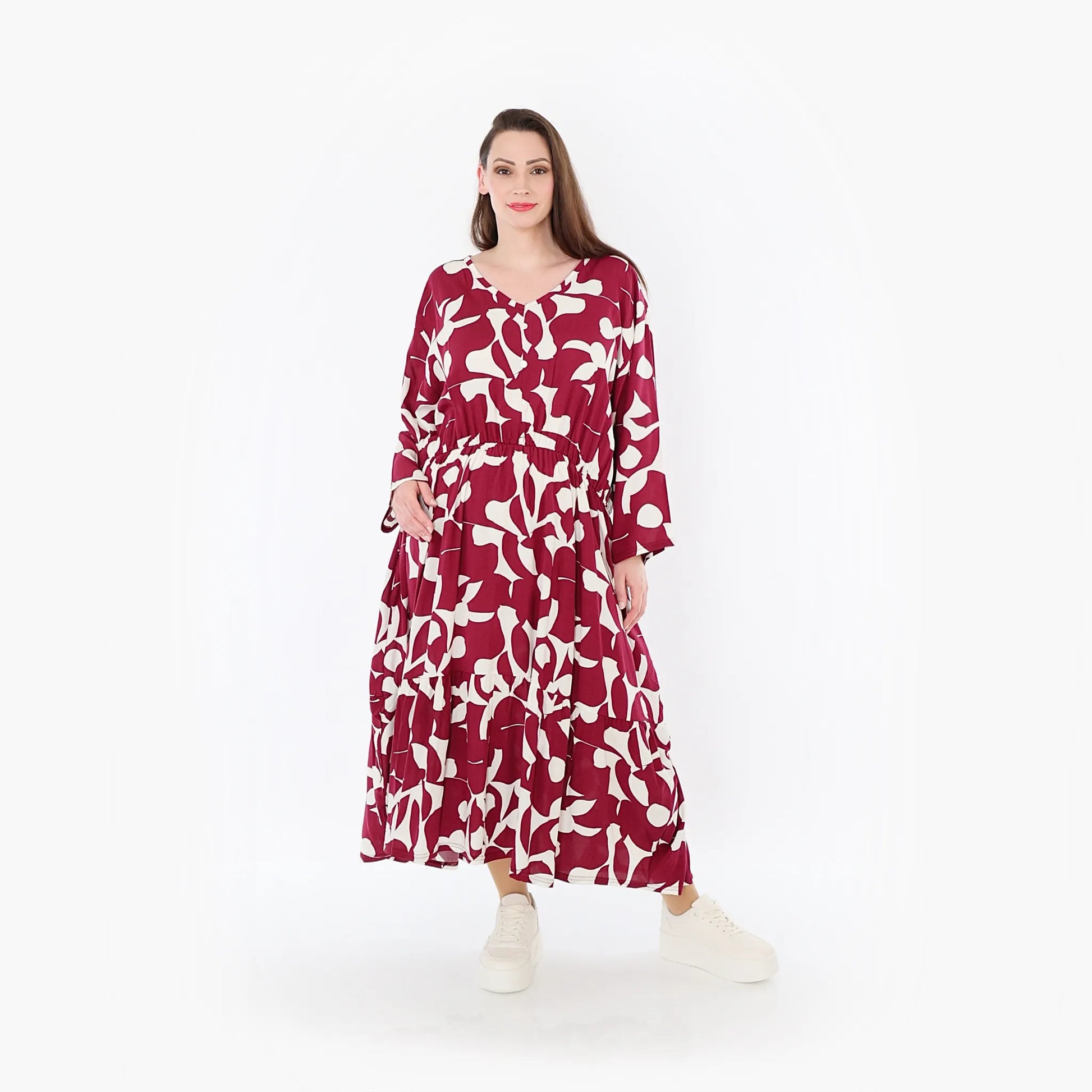  Ballonkleid von AKH Fashion aus Viskose, 1471.07064, Weinrot/Weiß, Muster, Ausgefallen