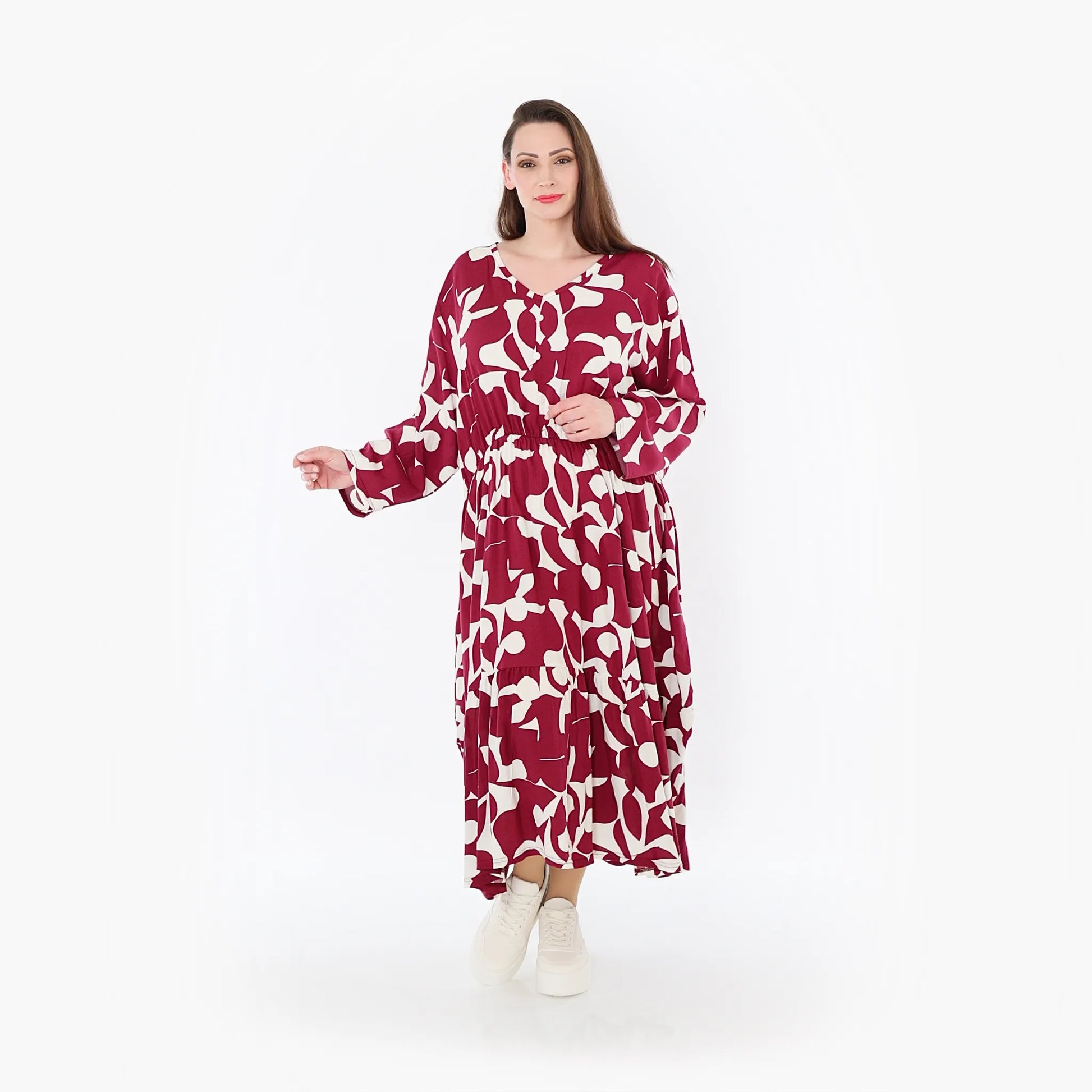  Ballonkleid von AKH Fashion aus Viskose, 1471.07064, Weinrot/Weiß, Muster, Ausgefallen