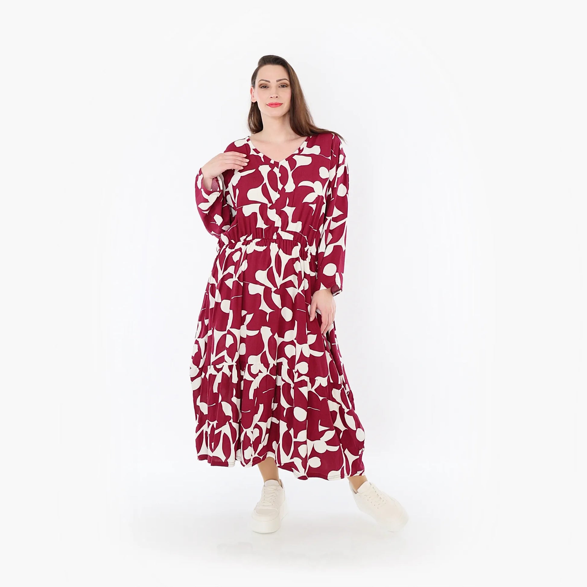  Ballonkleid von AKH Fashion aus Viskose, 1471.07064, Weinrot/Weiß, Muster, Ausgefallen
