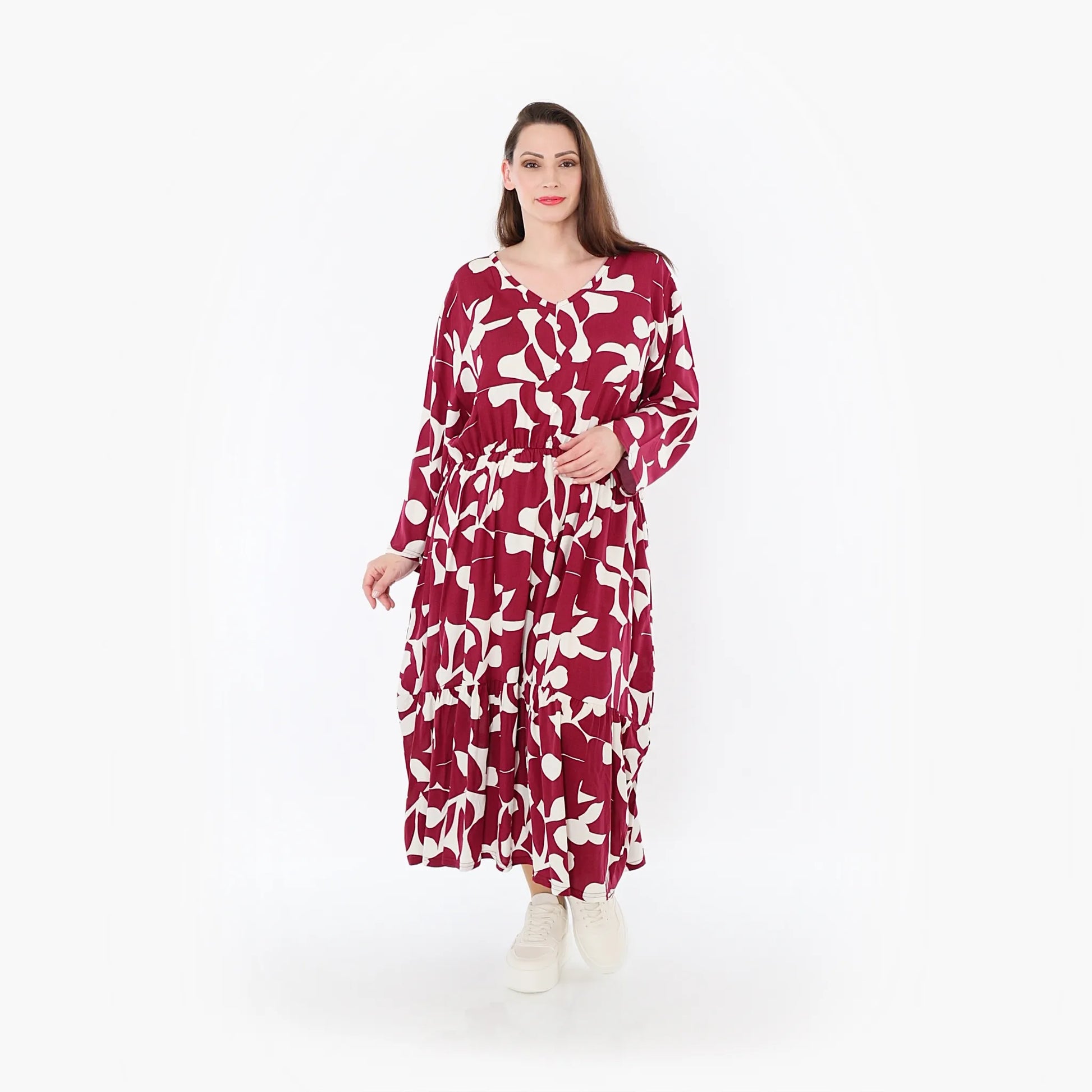  Ballonkleid von AKH Fashion aus Viskose, 1471.07064, Weinrot/Weiß, Muster, Ausgefallen
