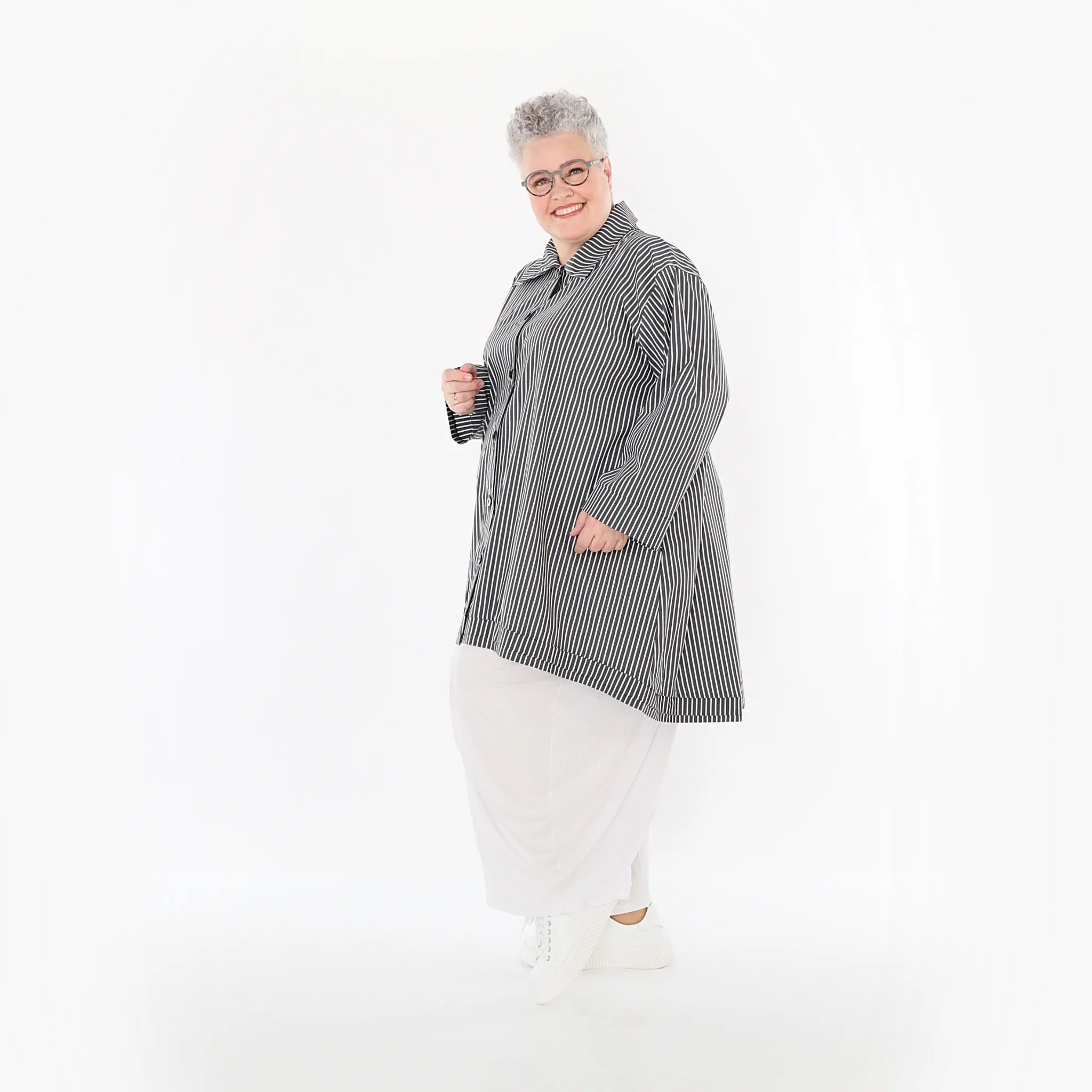  A-Form Bluse von AKH Fashion aus Baumwolle, 1472.07010, Anthrazit/Weiß, Streifen, Schick