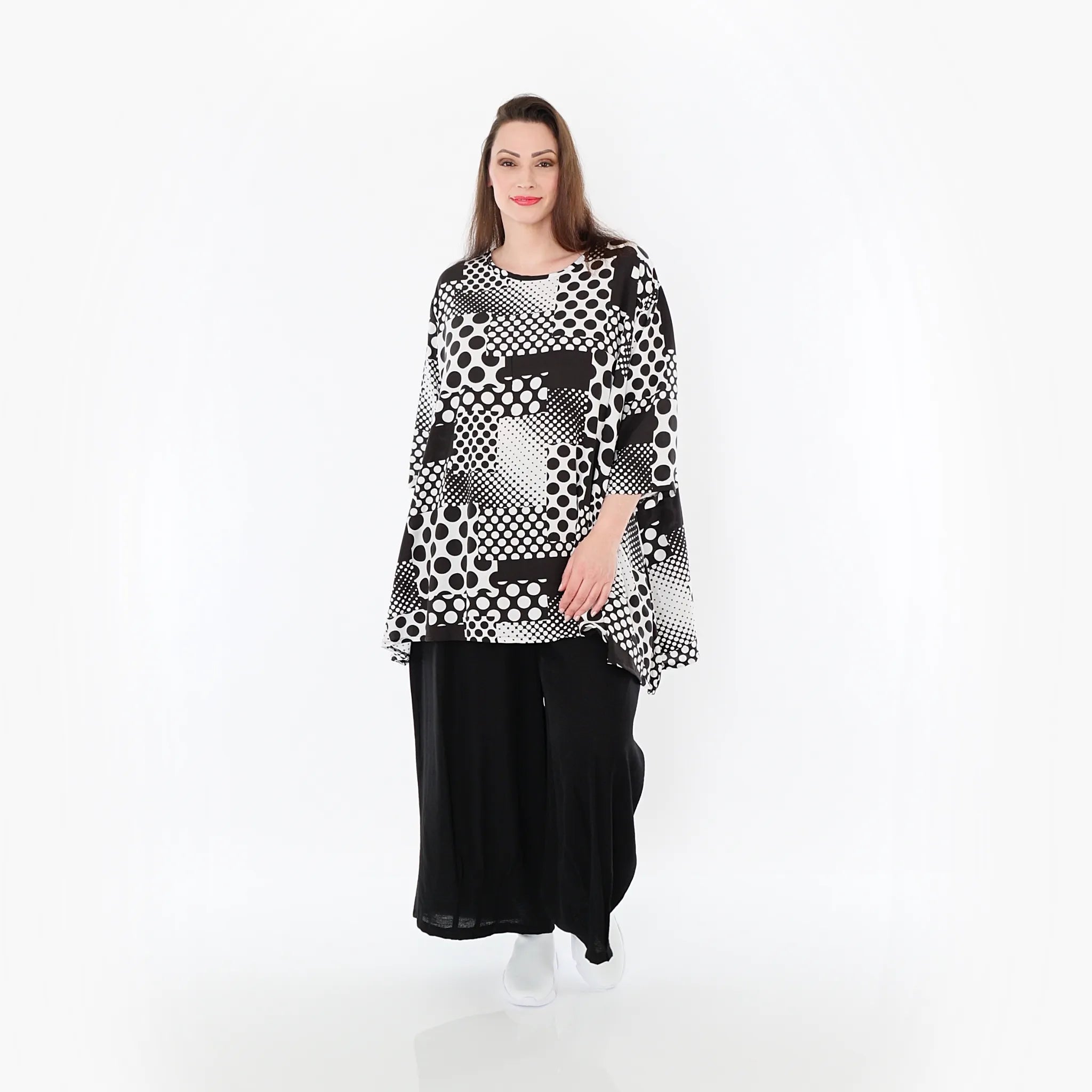  A-Form Bigshirt von AKH Fashion aus Viskose, 1481.00593, Schwarz/Weiß, Punkte, Ausgefallen