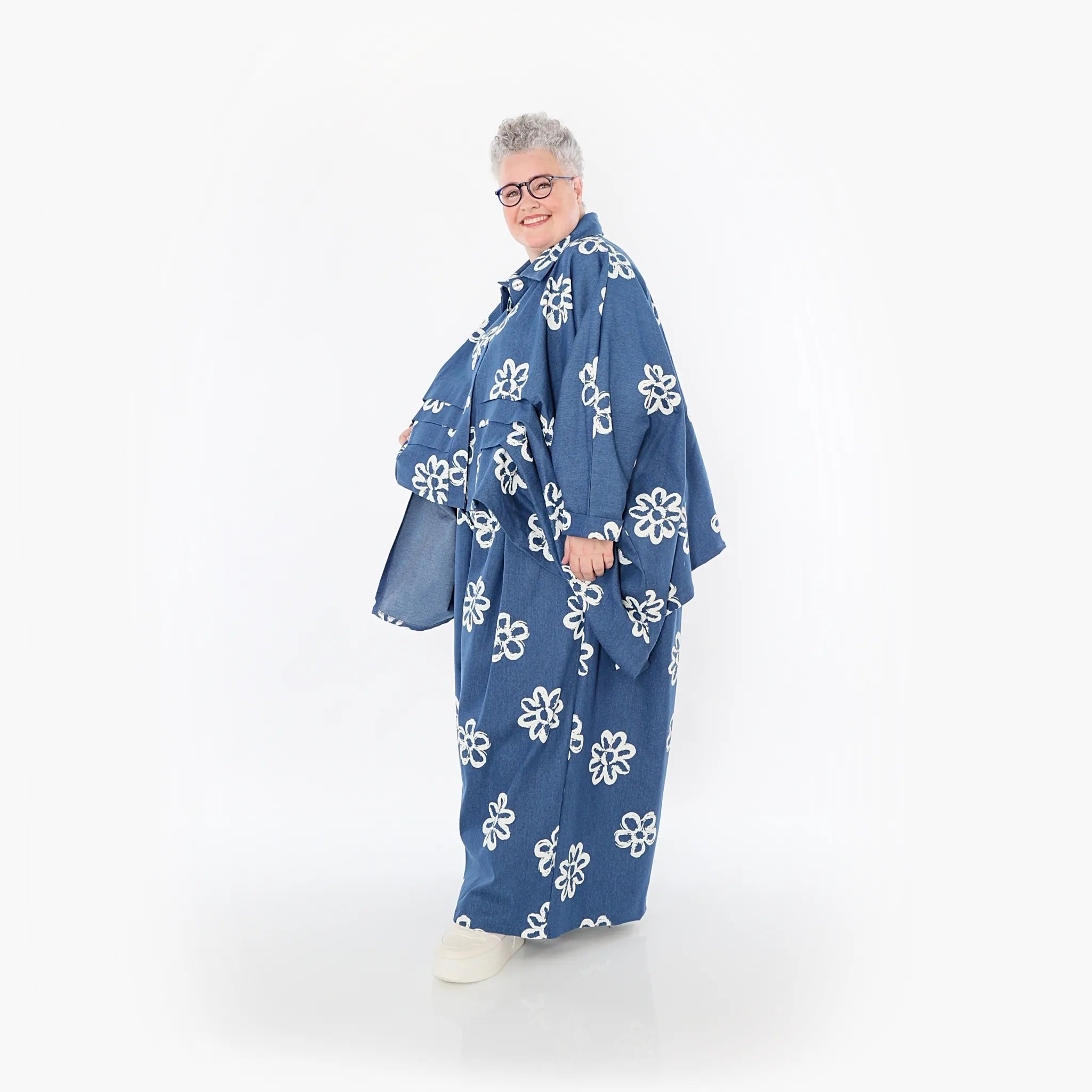  Palazzo Hose von AKH Fashion aus Baumwolle, 1485.07077, Jeansblau/Weiß, Blumen, Schick