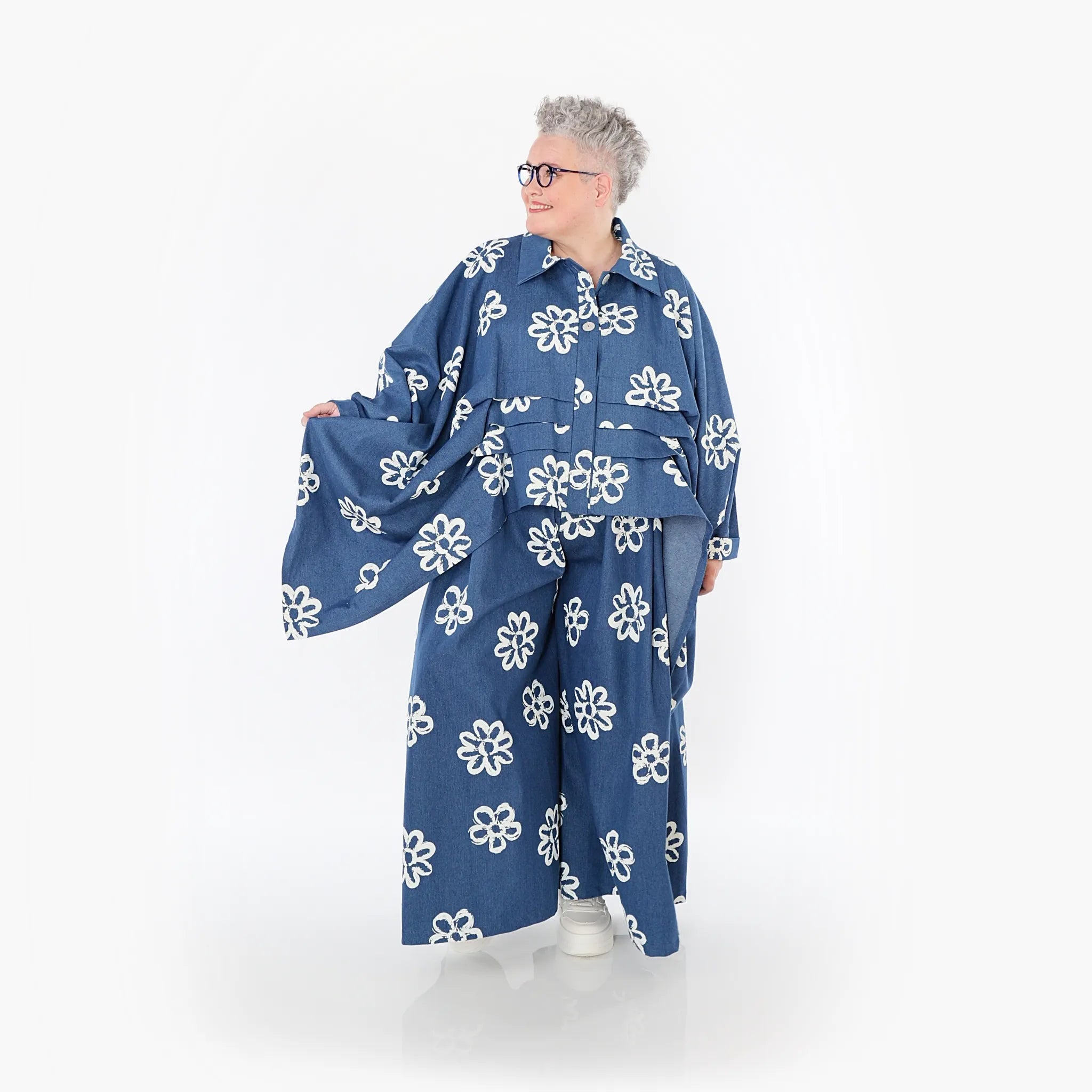  Palazzo Hose von AKH Fashion aus Baumwolle, 1485.07077, Jeansblau/Weiß, Blumen, Schick