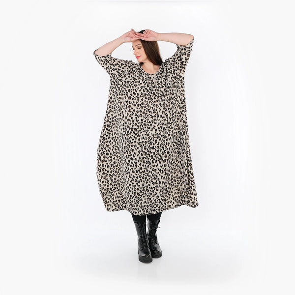  Ballonkleid von AKH Fashion aus Materialmix, 1496.01926, Beige/Schwarz/Cognac, Leopard