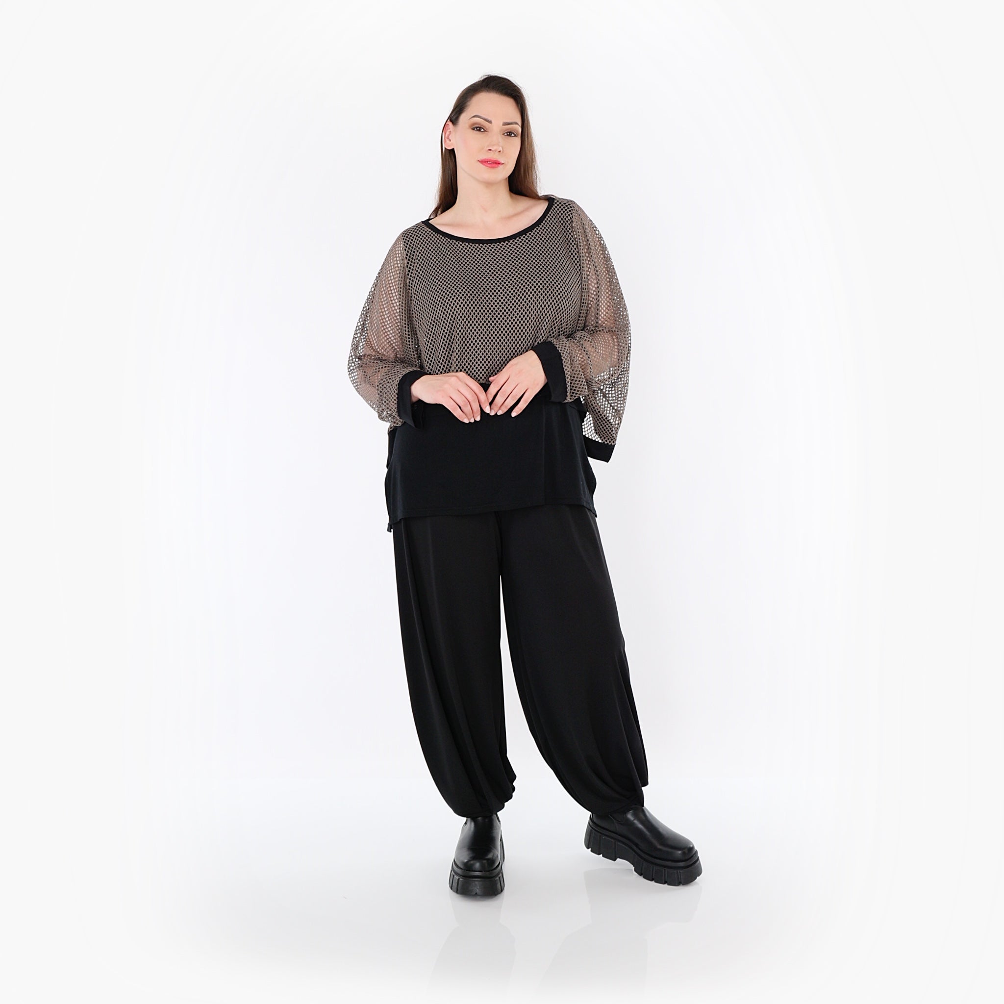  AKH Fashion Überwurf in kastiger Form, aus Baumwolle, 1500.07011, Taupe/Schwarz, Schick