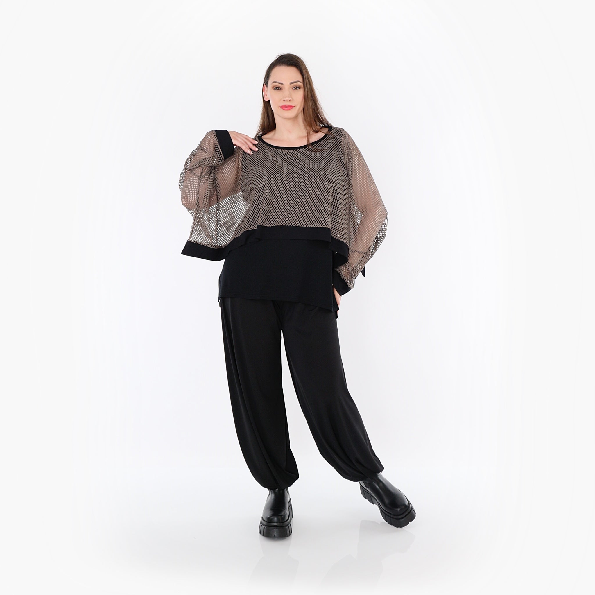  AKH Fashion Überwurf in kastiger Form, aus Baumwolle, 1500.07011, Taupe/Schwarz, Schick