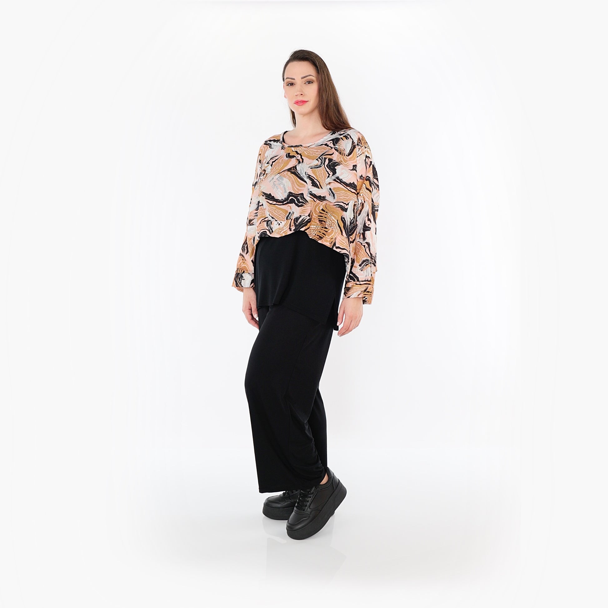  AKH Fashion Überwurf in kastiger Form, aus Rayon, 1510.07011, Cognac/Rosa/Schwarz, Wellen