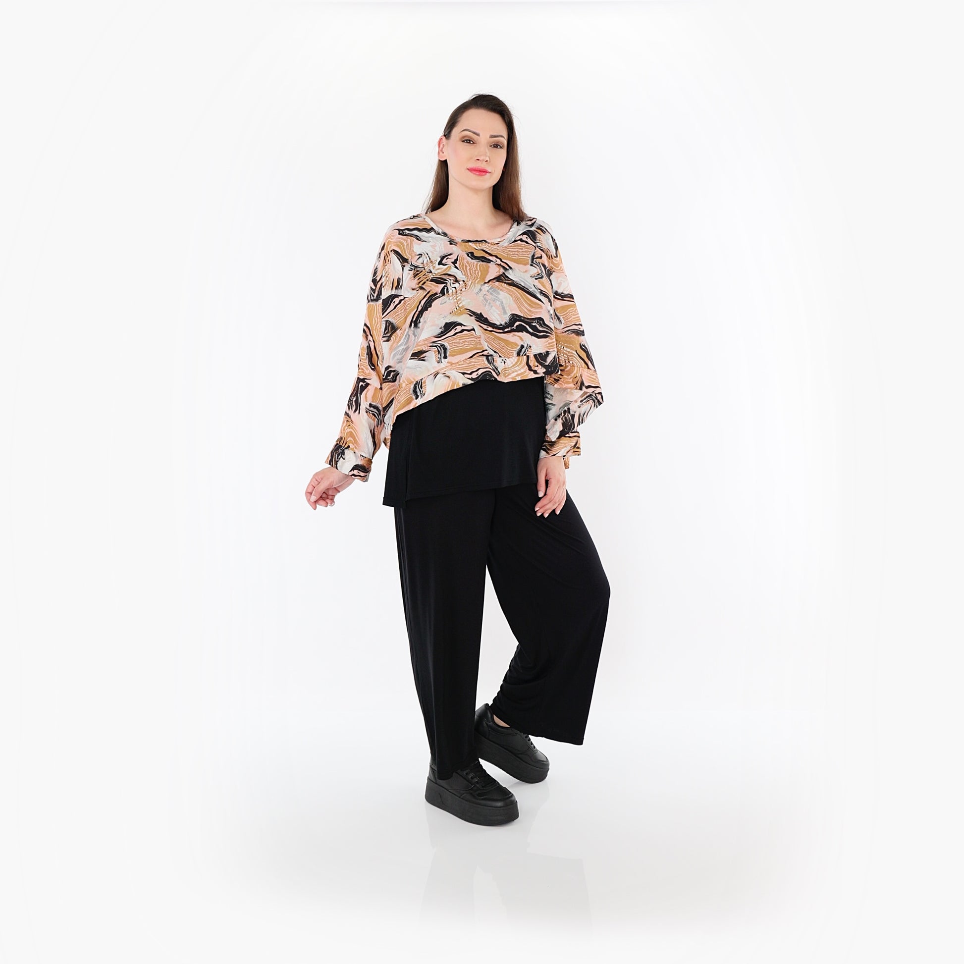  AKH Fashion Überwurf in kastiger Form, aus Rayon, 1510.07011, Cognac/Rosa/Schwarz, Wellen