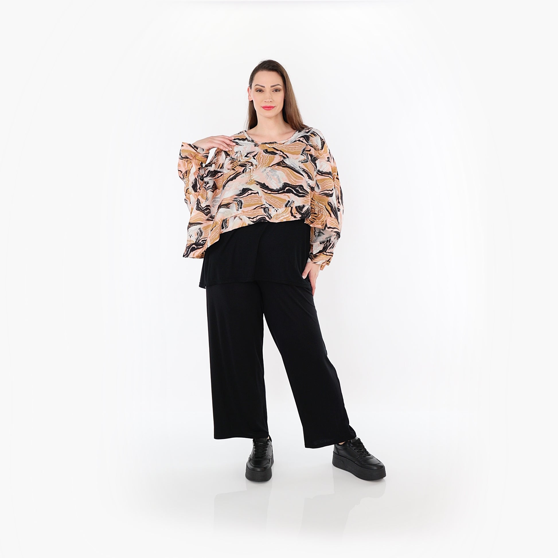  AKH Fashion Überwurf in kastiger Form, aus Rayon, 1510.07011, Cognac/Rosa/Schwarz, Wellen