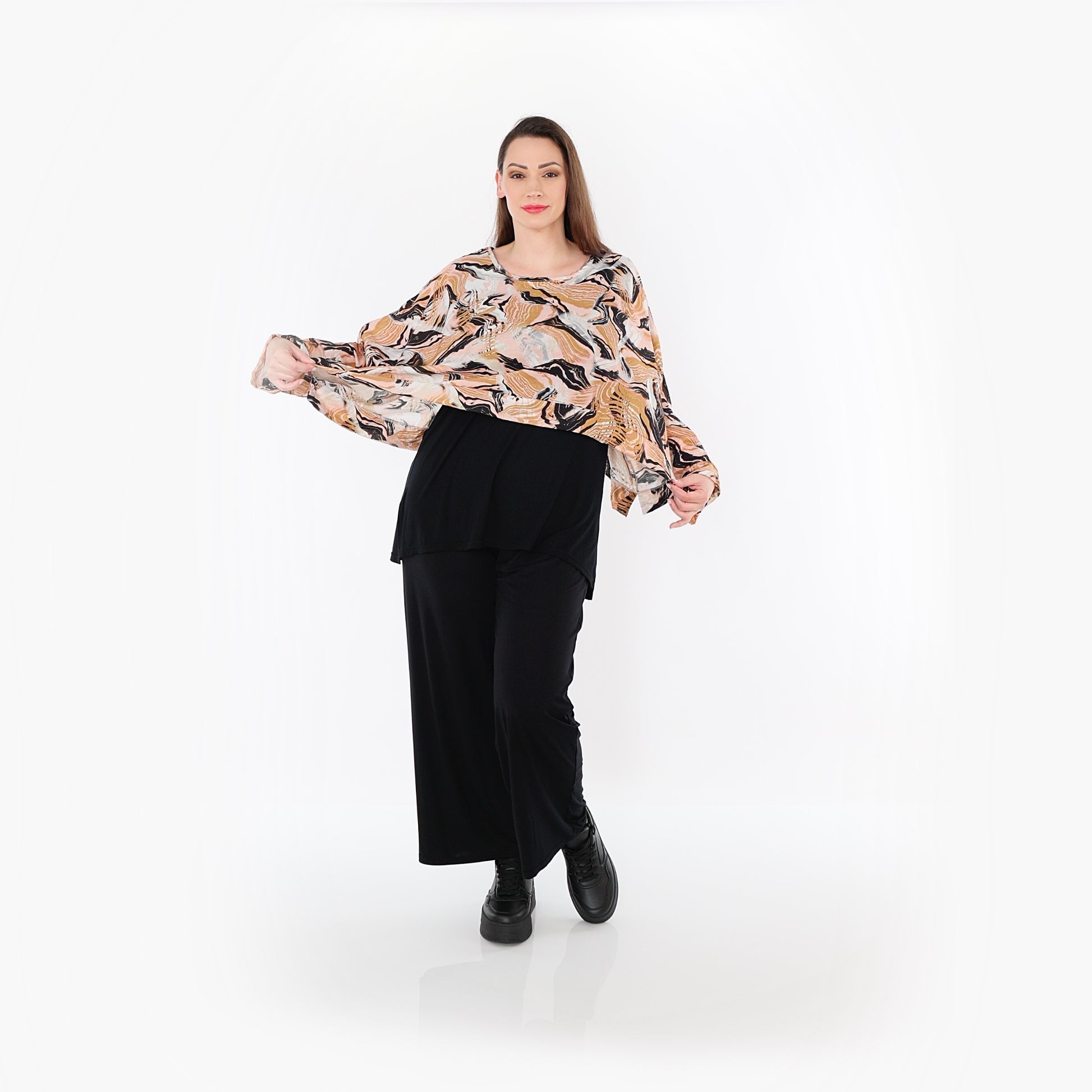  AKH Fashion Überwurf in kastiger Form, aus Rayon, 1510.07011, Cognac/Rosa/Schwarz, Wellen
