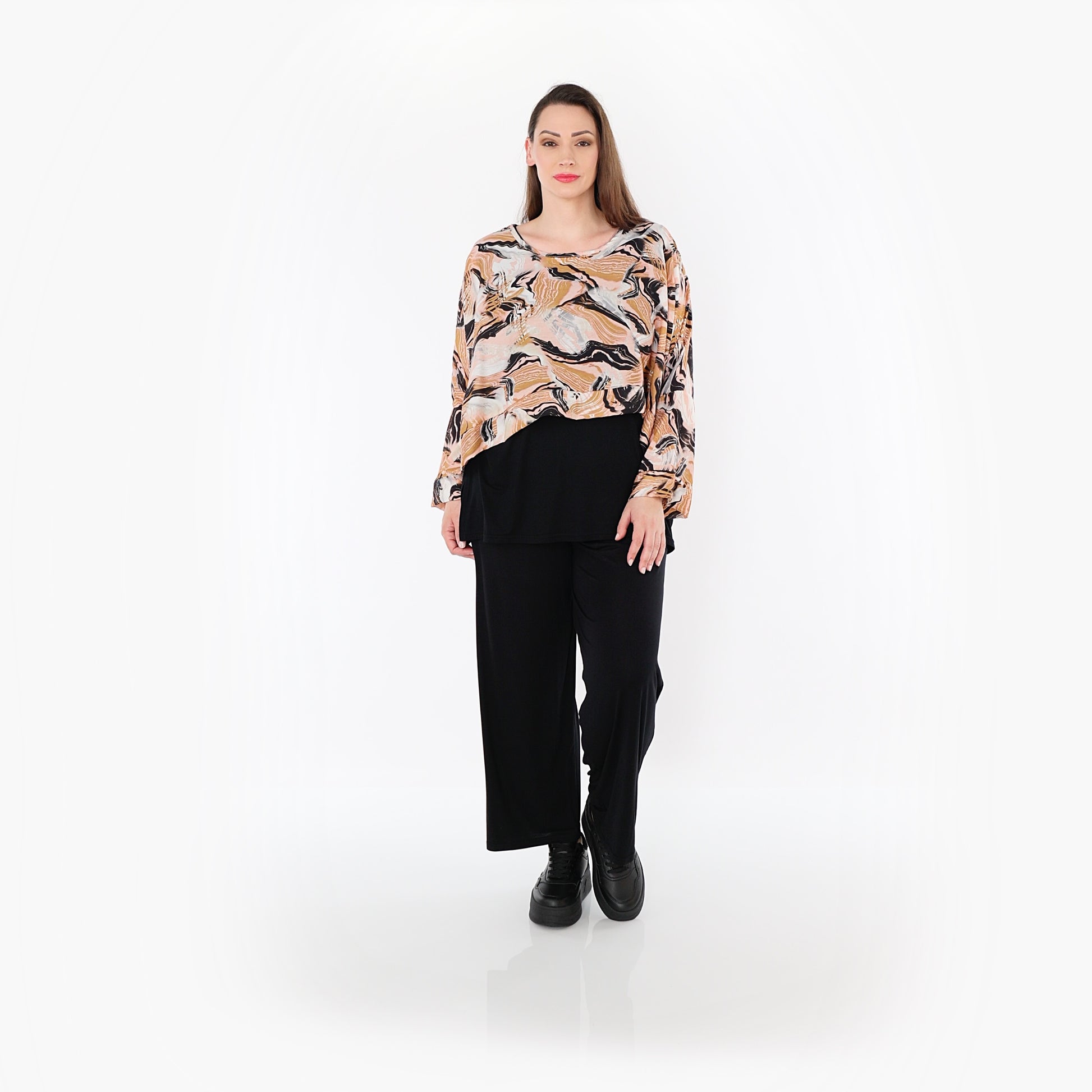  AKH Fashion Überwurf in kastiger Form, aus Rayon, 1510.07011, Cognac/Rosa/Schwarz, Wellen