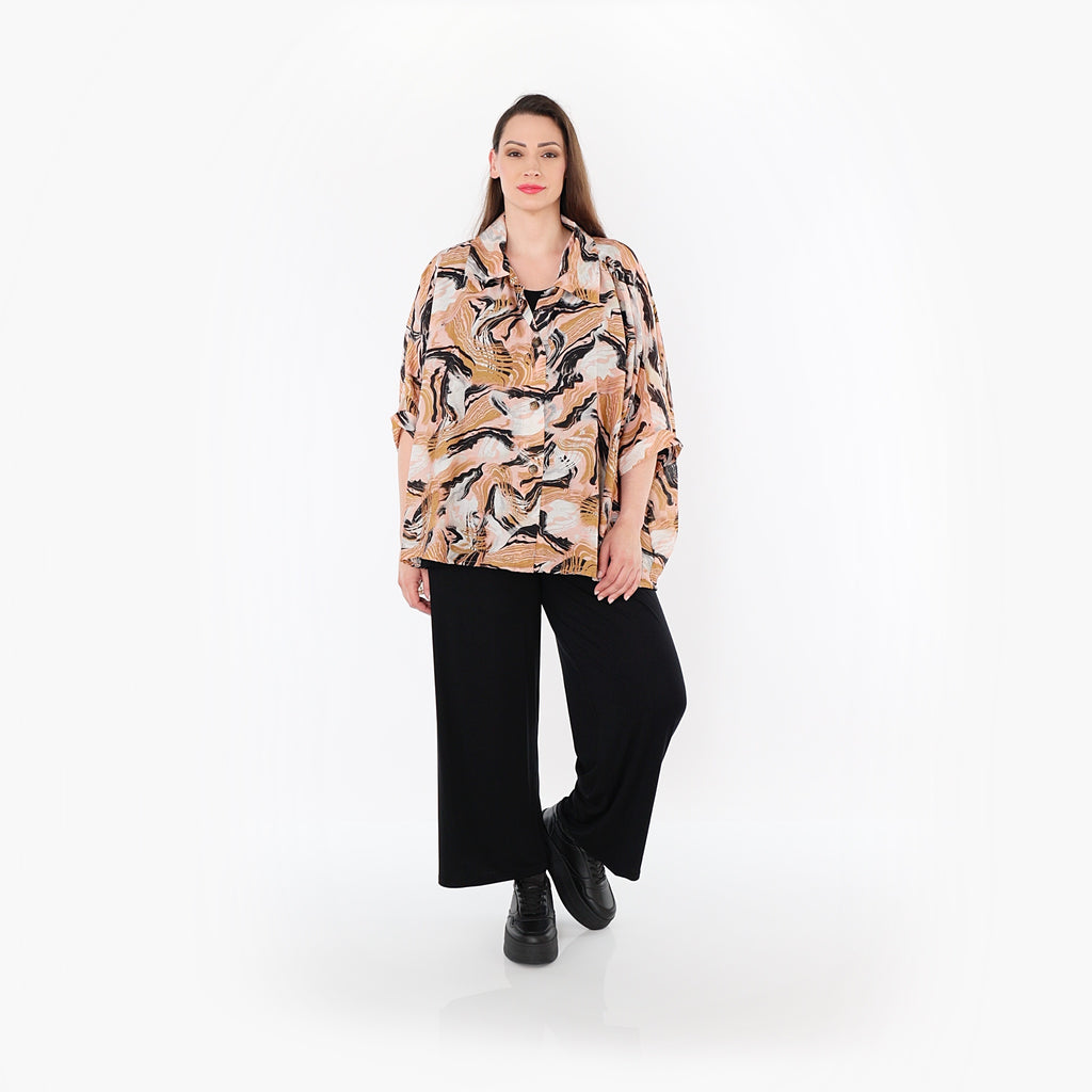  AKH Fashion Bluse in gerundeter Form, aus Rayon, 1510.07092, Cognac/Rosa/Schwarz, Wellen