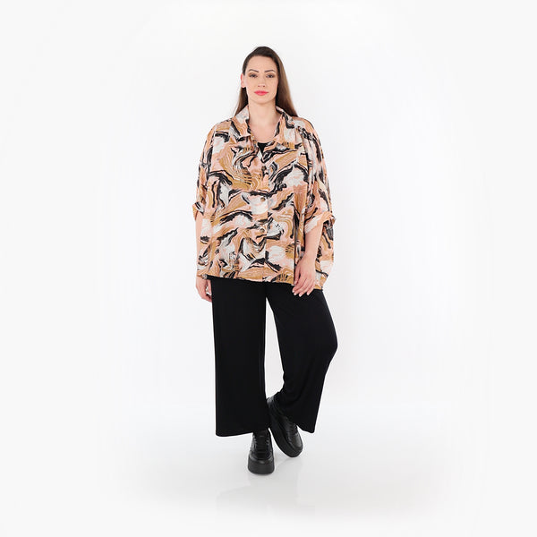  AKH Fashion Bluse in gerundeter Form, aus Rayon, 1510.07092, Cognac/Rosa/Schwarz, Wellen