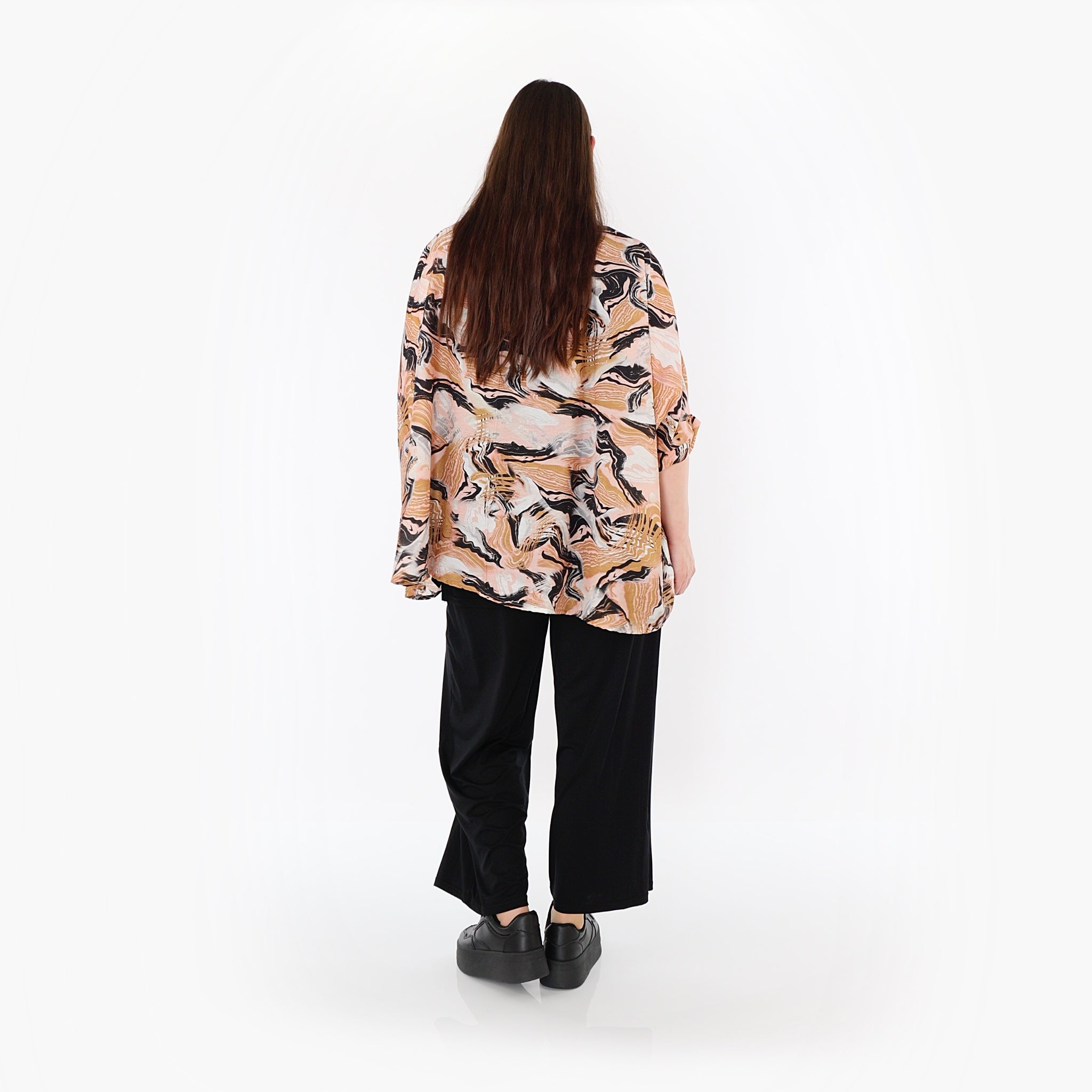  AKH Fashion Bluse in gerundeter Form, aus Rayon, 1510.07092, Cognac/Rosa/Schwarz, Wellen